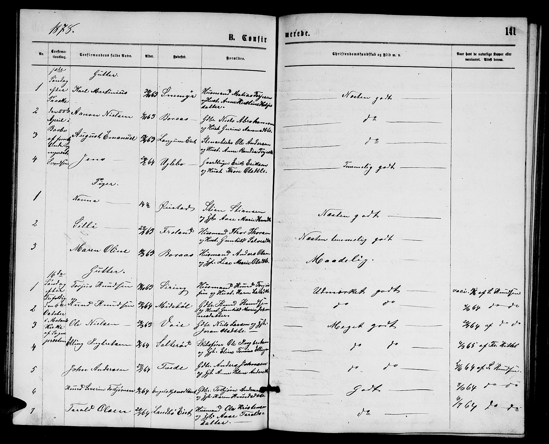 Austre Moland sokneprestkontor, SAK/1111-0001/F/Fb/Fba/L0002: Parish register (copy) no. B 2, 1869-1879, p. 141