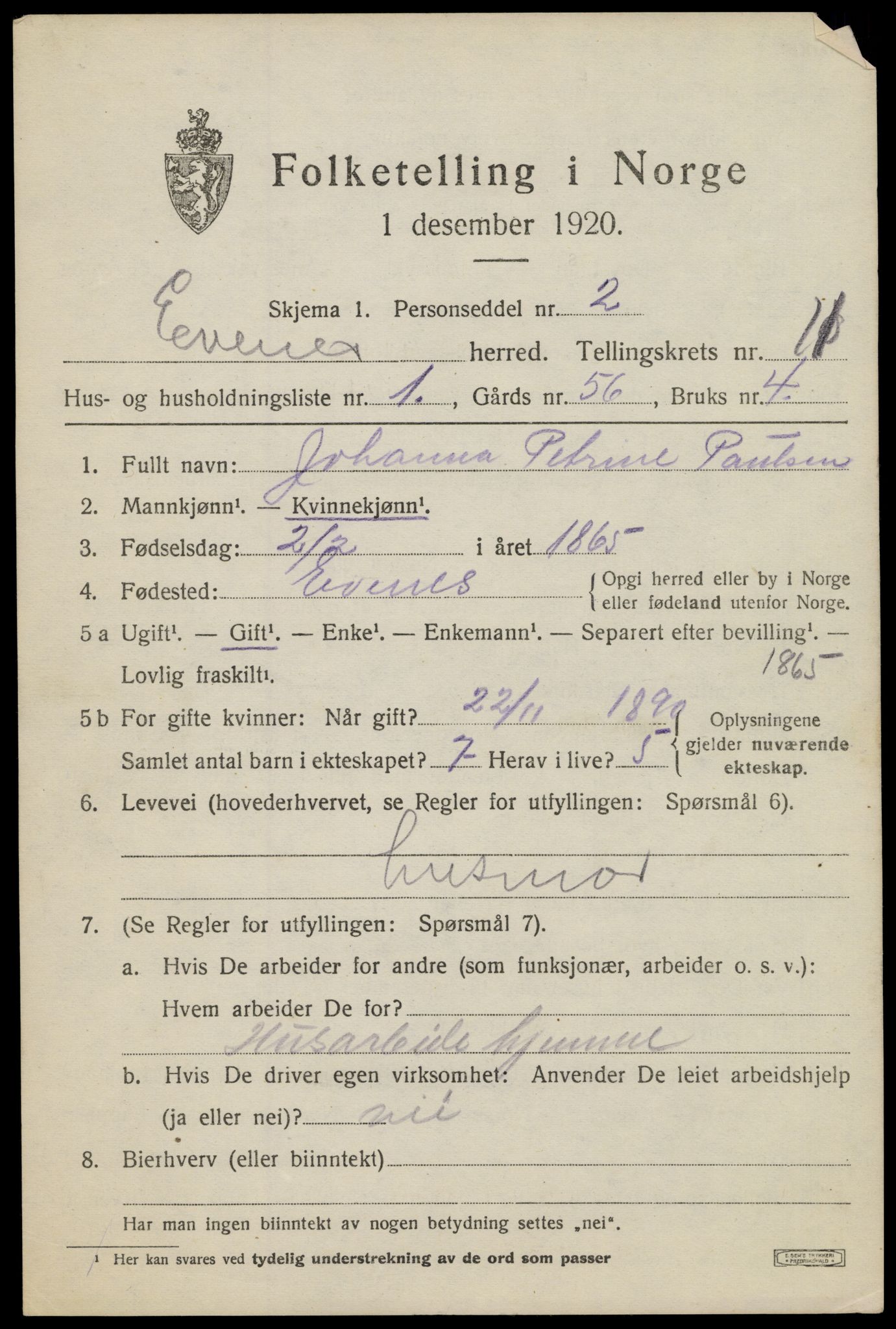 SAT, 1920 census for Evenes, 1920, p. 10586