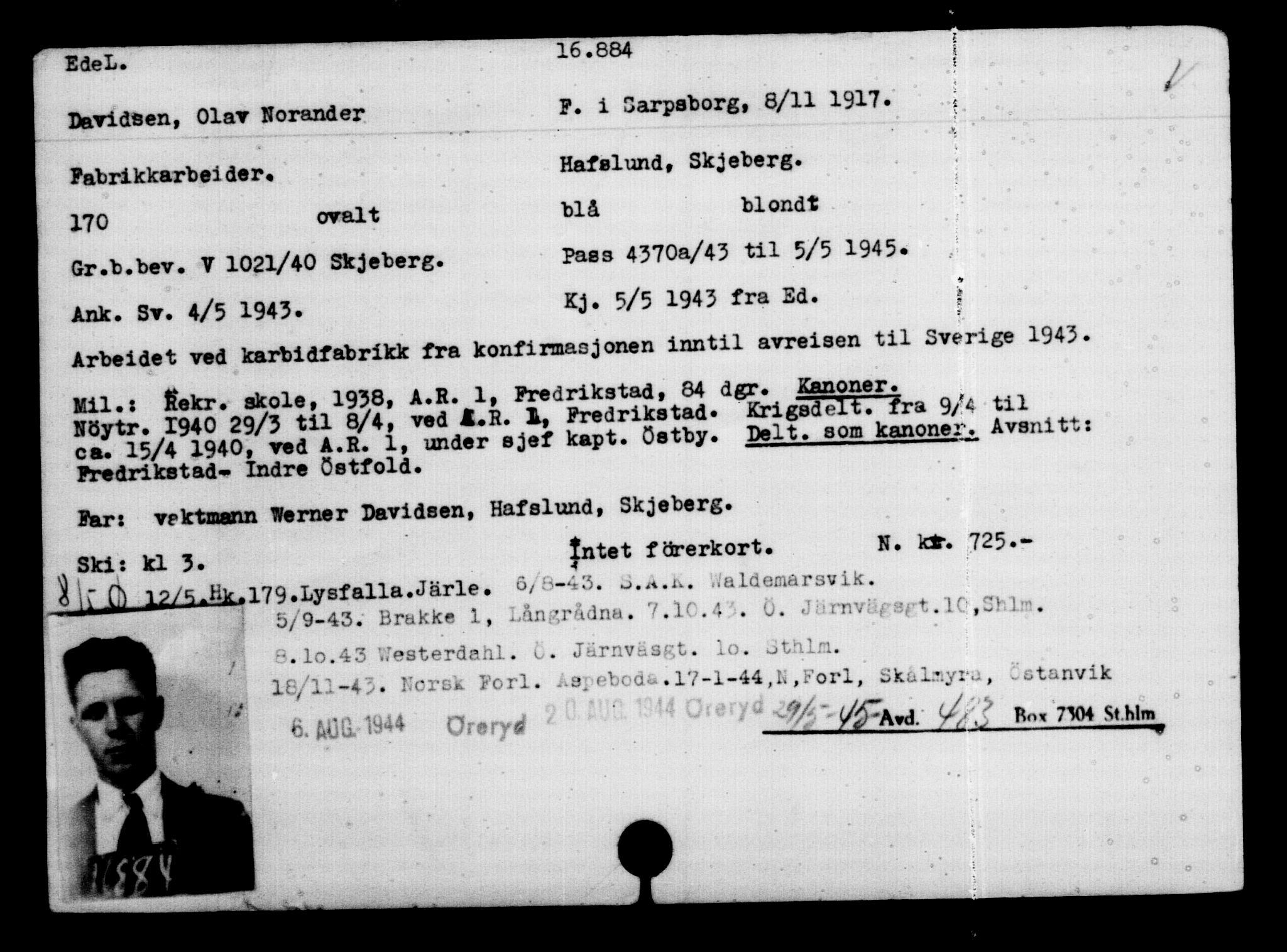 Utenriksstasjonene, Legasjonen i Stockholm, Flyktningkontoret, AV/RA-S-6753/V/Va/L0008: Kjesäterkartoteket, flyktninger med registreringsnr. 15700-18547, 1940-1945, p. 1292