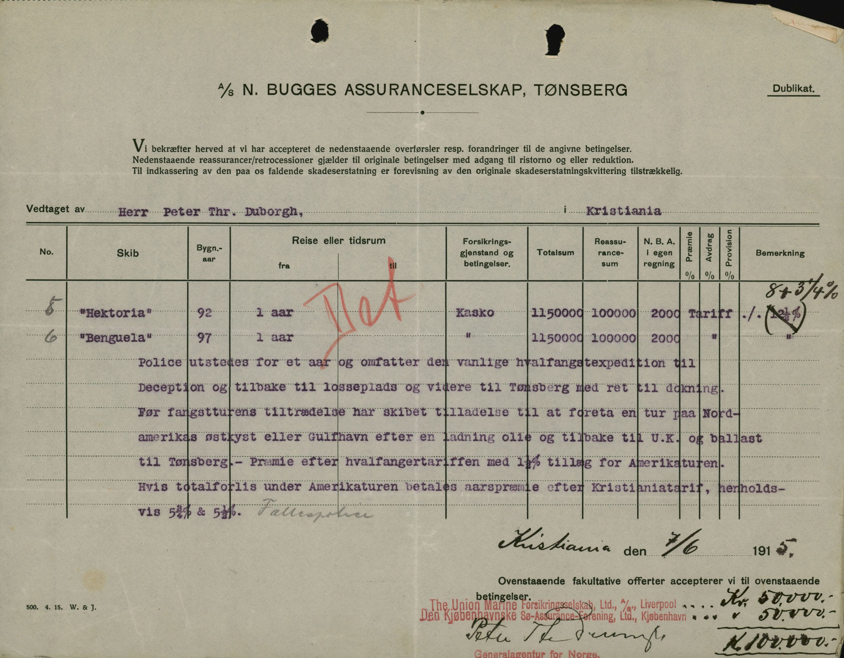 Pa 664 - Tønsberg Sjøforsikringsselskap, VEMU/A-1773/F/L0001: Forsikringspoliser, 1915-1918