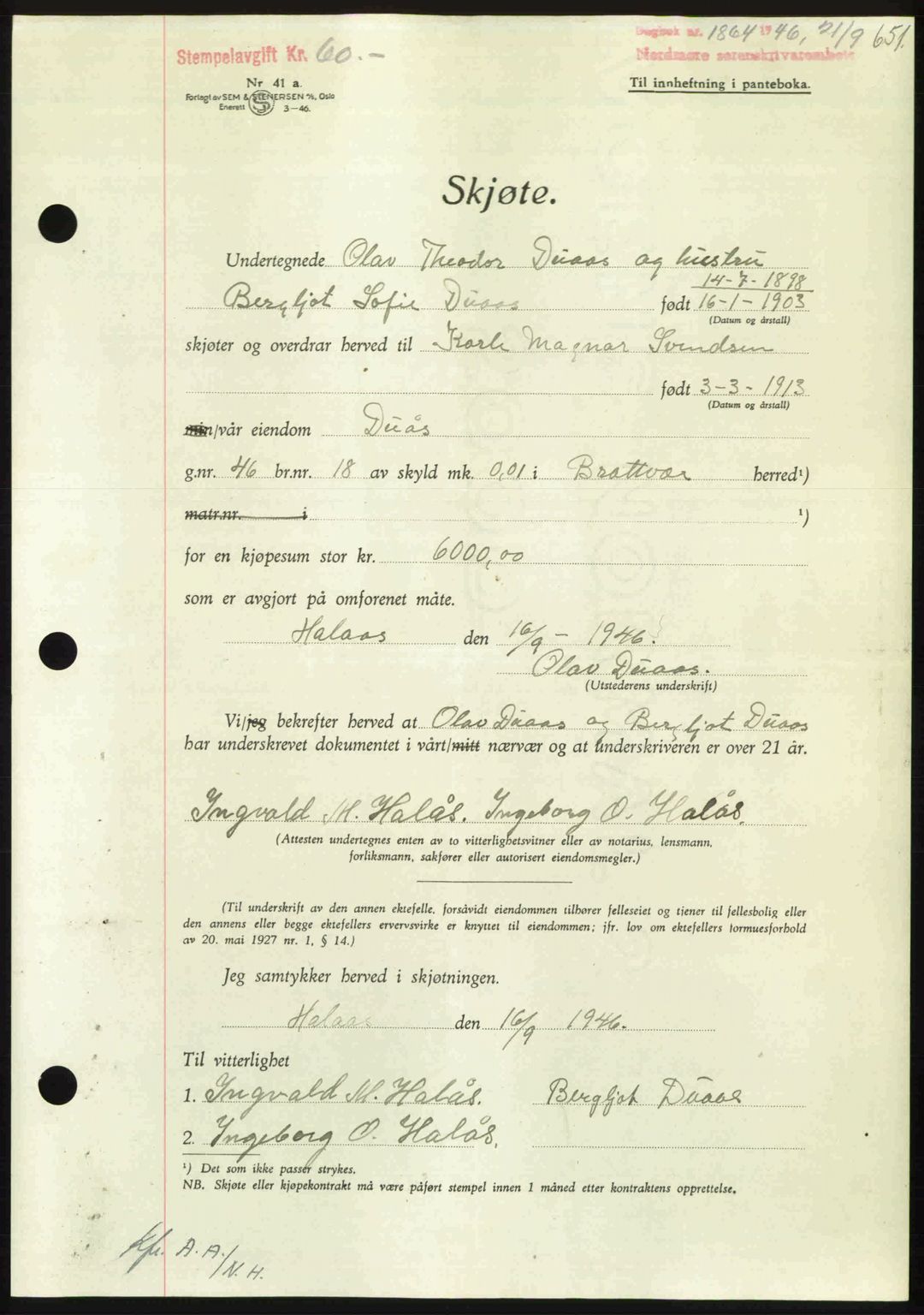 Nordmøre sorenskriveri, AV/SAT-A-4132/1/2/2Ca: Mortgage book no. A102, 1946-1946, Diary no: : 1864/1946