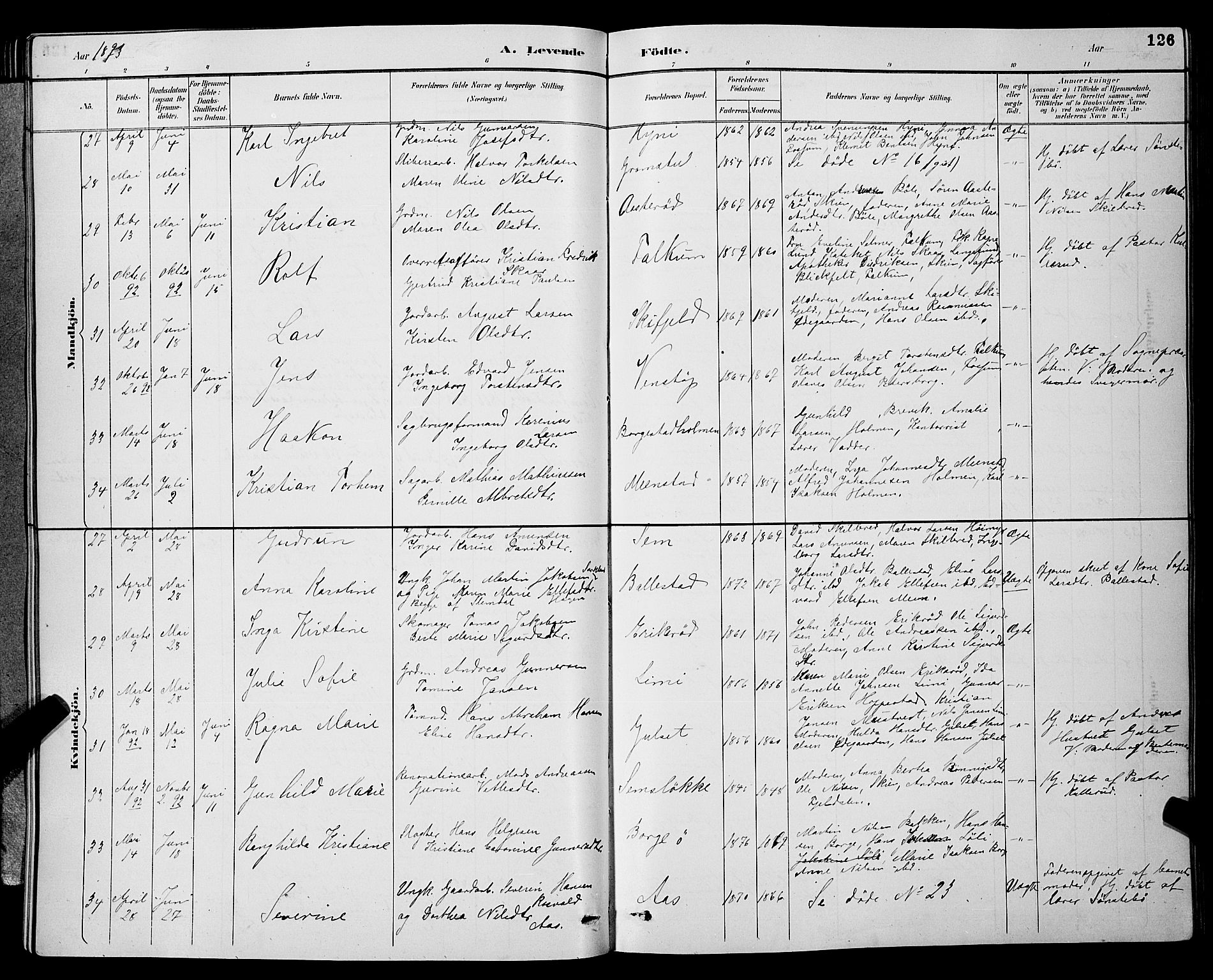 Gjerpen kirkebøker, SAKO/A-265/G/Ga/L0002: Parish register (copy) no. I 2, 1883-1900, p. 126