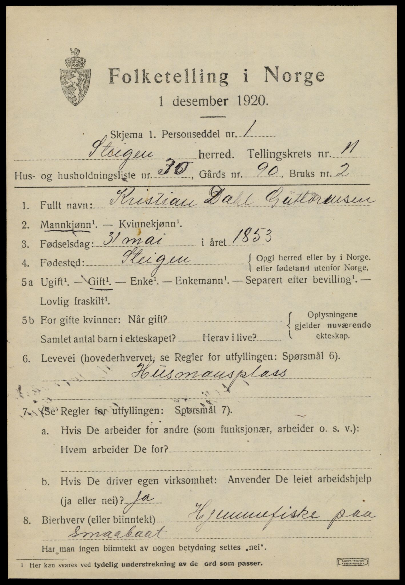 SAT, 1920 census for Steigen, 1920, p. 4758