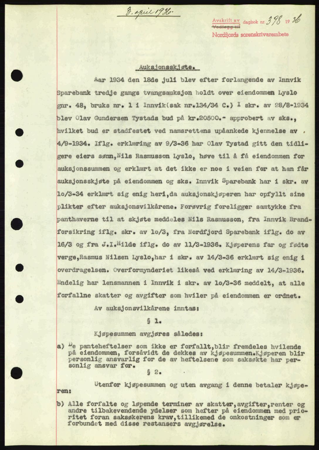 Nordfjord sorenskriveri, AV/SAB-A-2801/02/02b/02bj/L0001: Mortgage book no. A1, 1936-1937, Diary no: : 398/1936