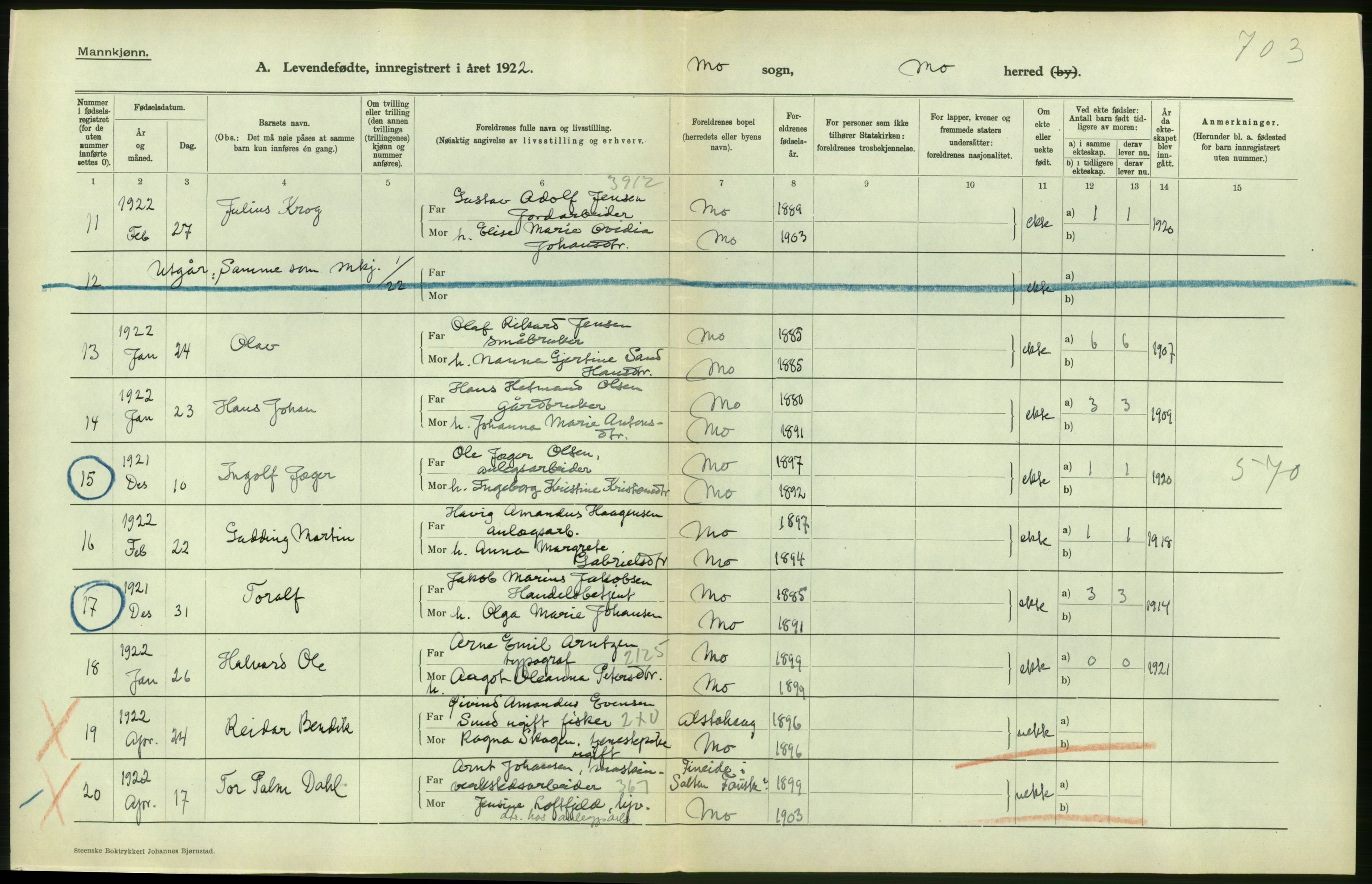 Statistisk sentralbyrå, Sosiodemografiske emner, Befolkning, RA/S-2228/D/Df/Dfc/Dfcb/L0044: Nordland fylke: Levendefødte menn og kvinner. Bygder og byer., 1922, p. 276