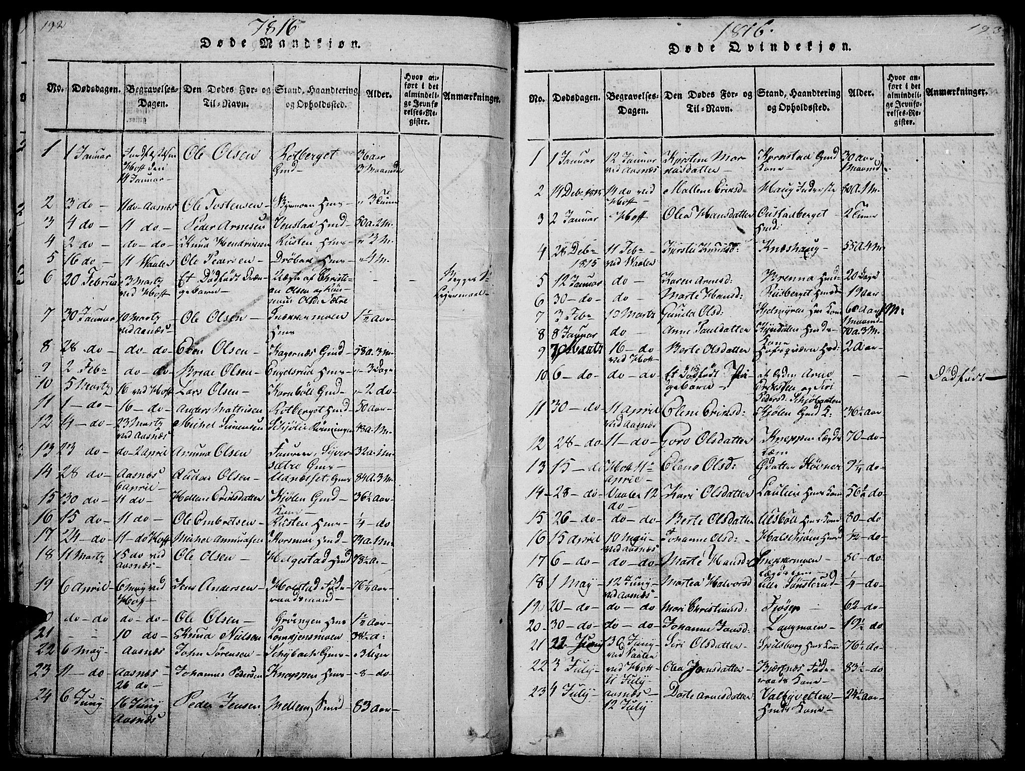 Hof prestekontor, SAH/PREST-038/H/Ha/Haa/L0005: Parish register (official) no. 5, 1816-1822, p. 192-193