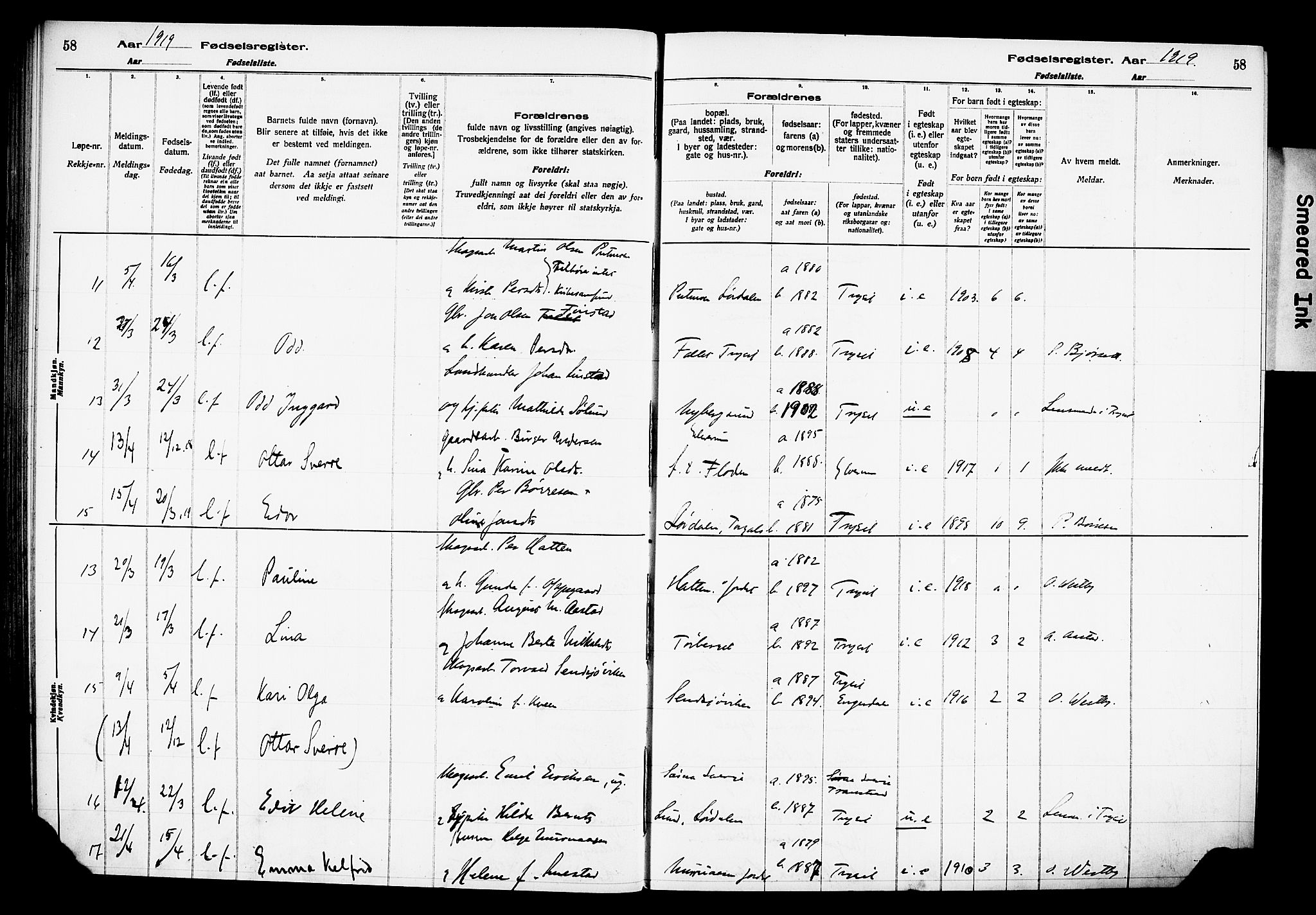 Trysil prestekontor, AV/SAH-PREST-046/I/Id/Ida/L0001: Birth register no. I 1, 1916-1927, p. 58