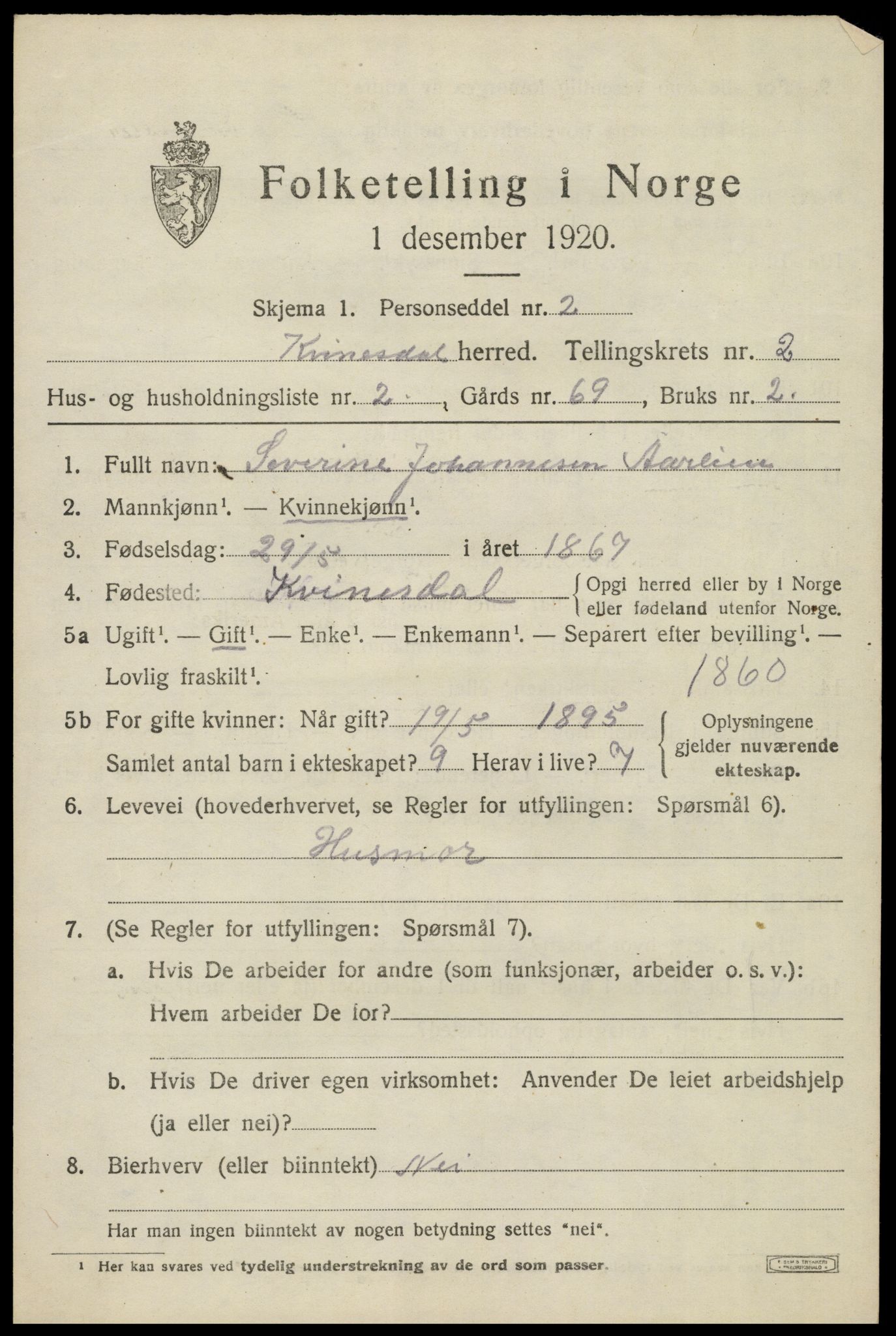 SAK, 1920 census for Kvinesdal, 1920, p. 1947