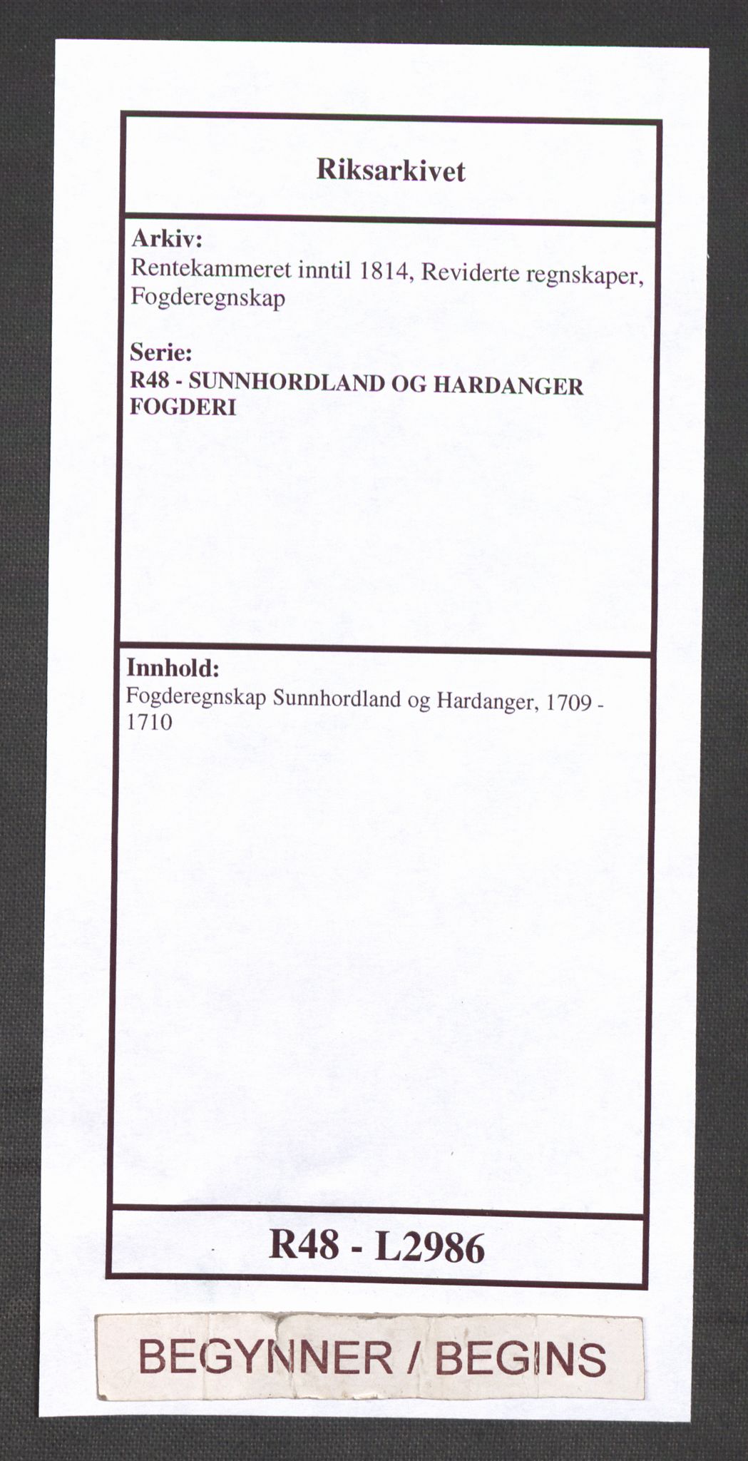 Rentekammeret inntil 1814, Reviderte regnskaper, Fogderegnskap, AV/RA-EA-4092/R48/L2986: Fogderegnskap Sunnhordland og Hardanger, 1709-1710, p. 1