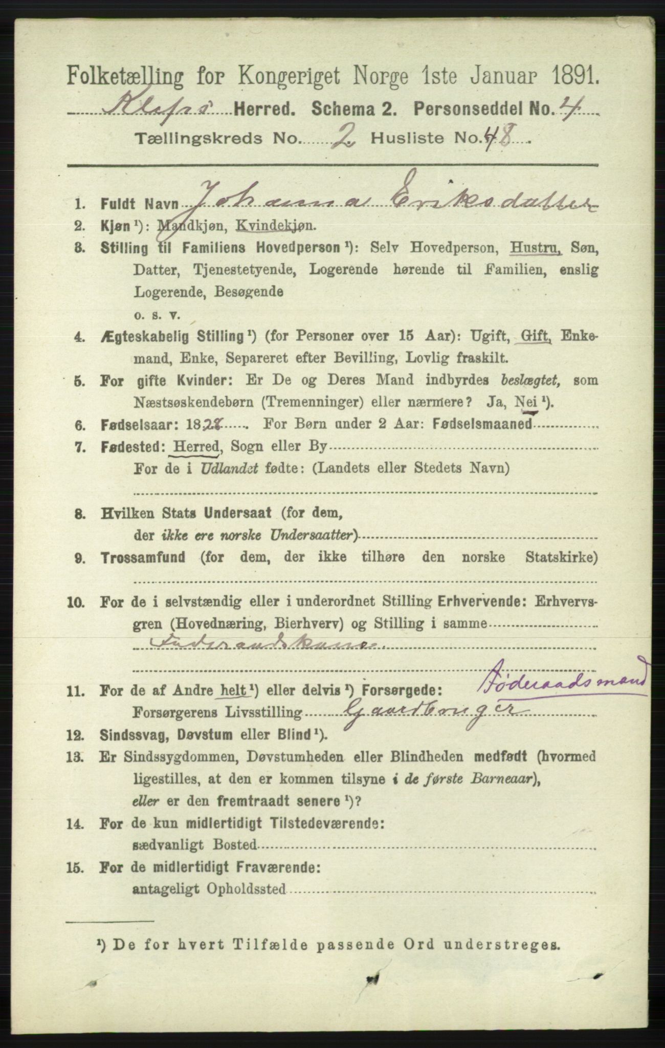 RA, 1891 census for 1120 Klepp, 1891, p. 588