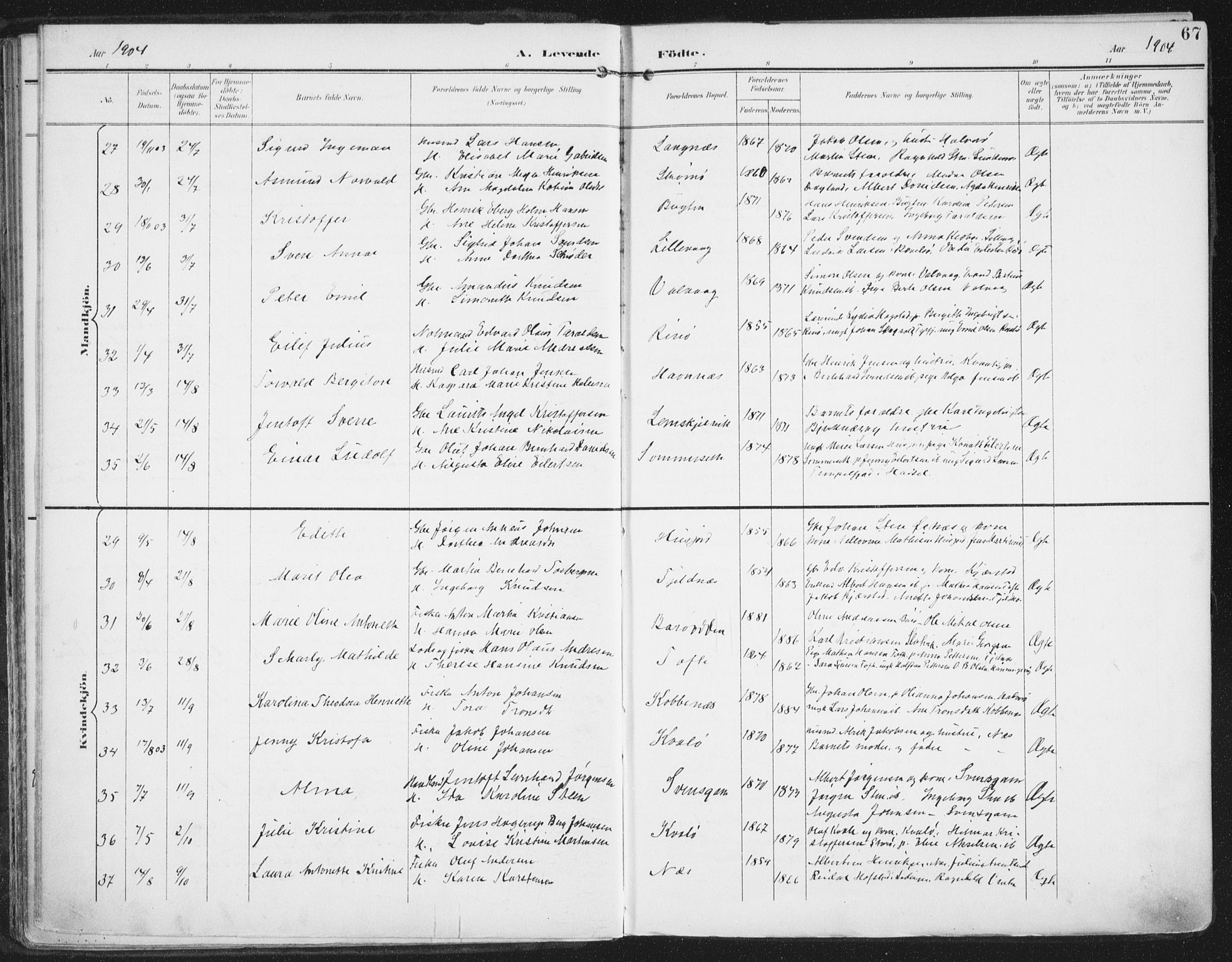 Ministerialprotokoller, klokkerbøker og fødselsregistre - Nordland, AV/SAT-A-1459/872/L1036: Parish register (official) no. 872A11, 1897-1913, p. 67