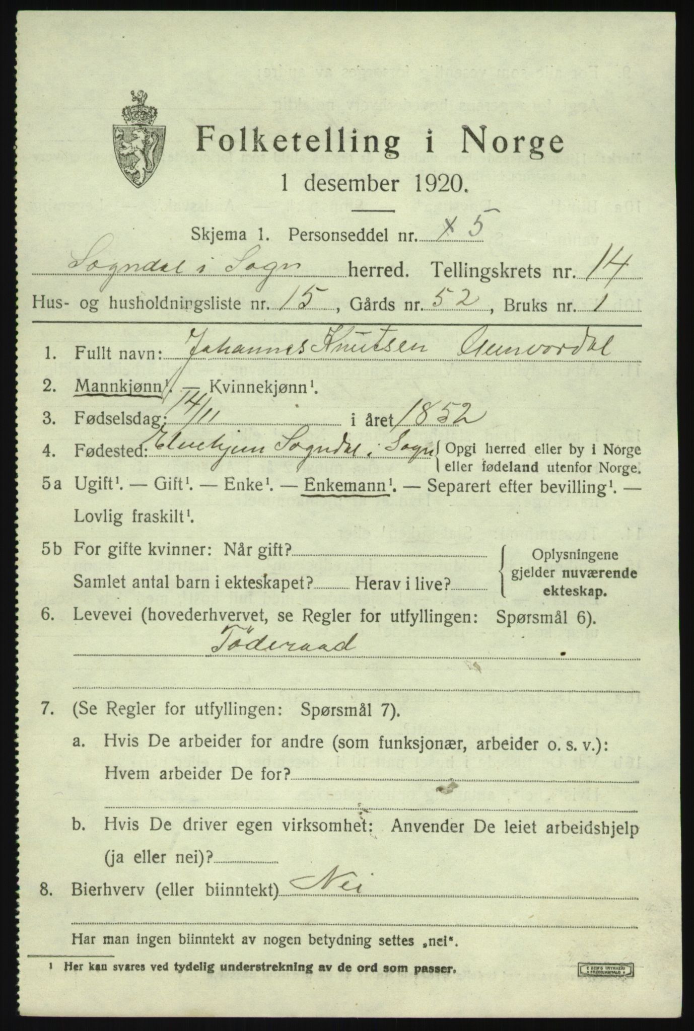 SAB, 1920 census for Sogndal, 1920, p. 5793