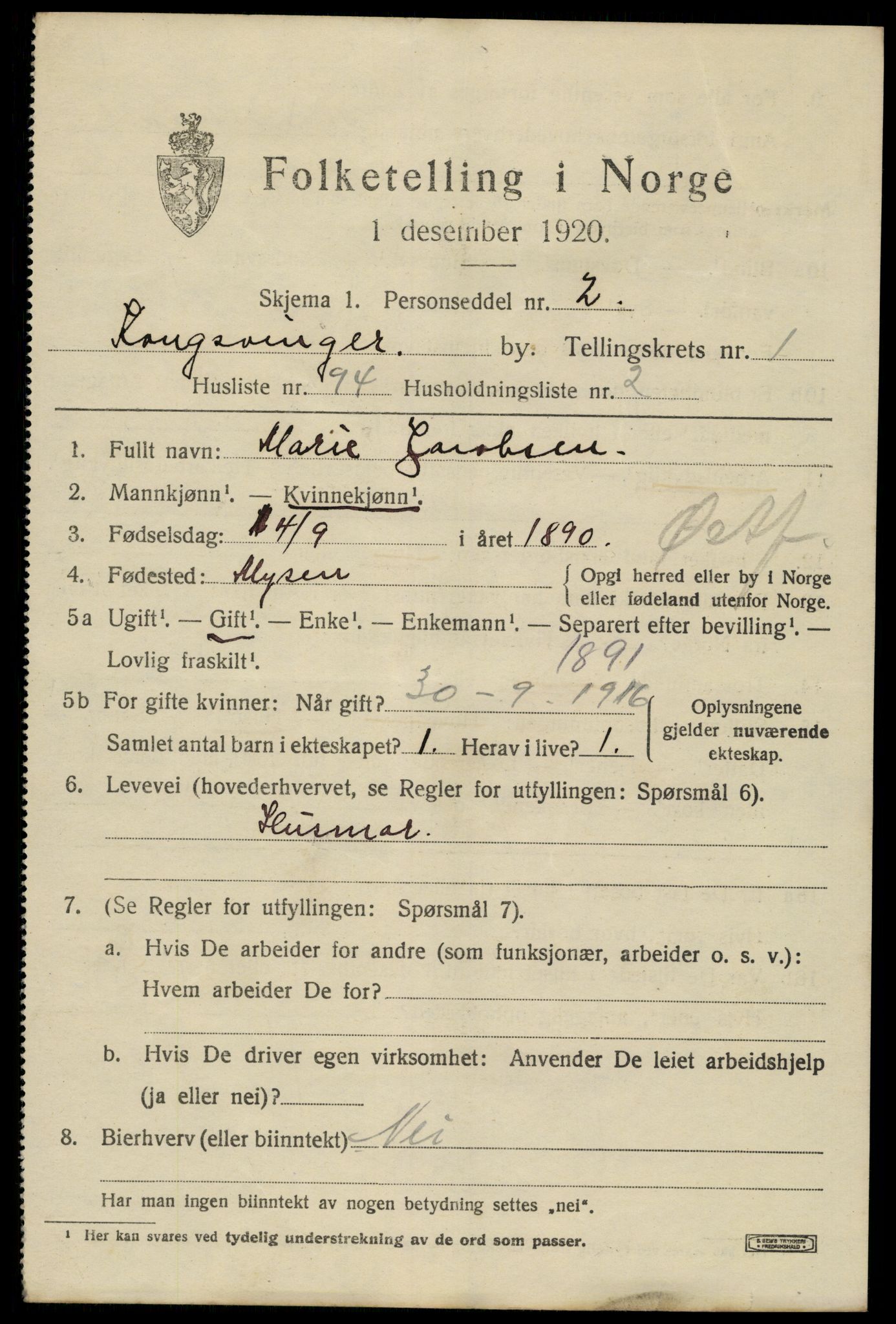 SAH, 1920 census for Kongsvinger, 1920, p. 3327