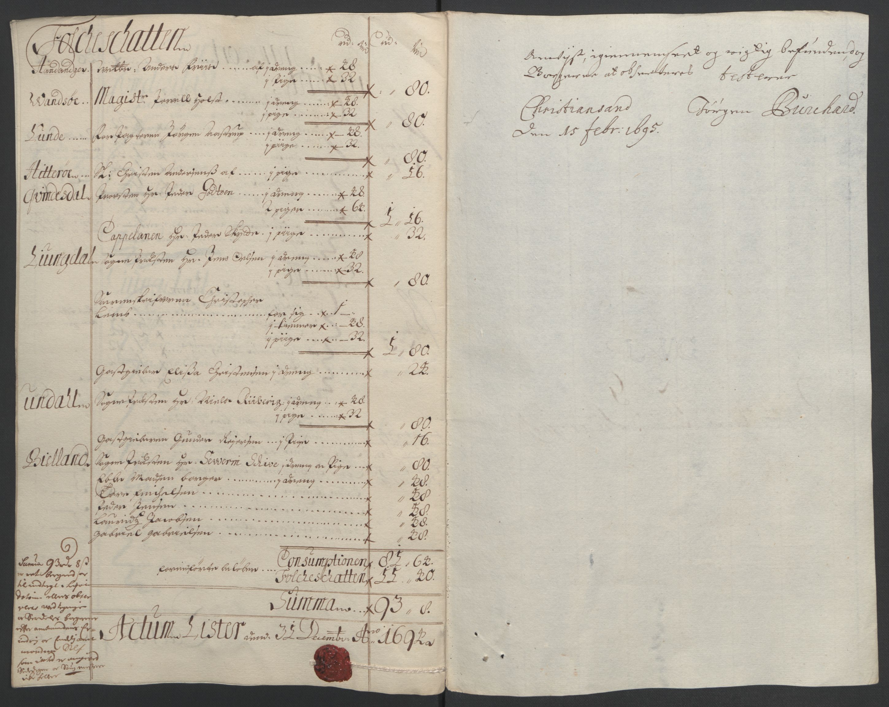 Rentekammeret inntil 1814, Reviderte regnskaper, Fogderegnskap, AV/RA-EA-4092/R43/L2545: Fogderegnskap Lista og Mandal, 1694-1695, p. 67