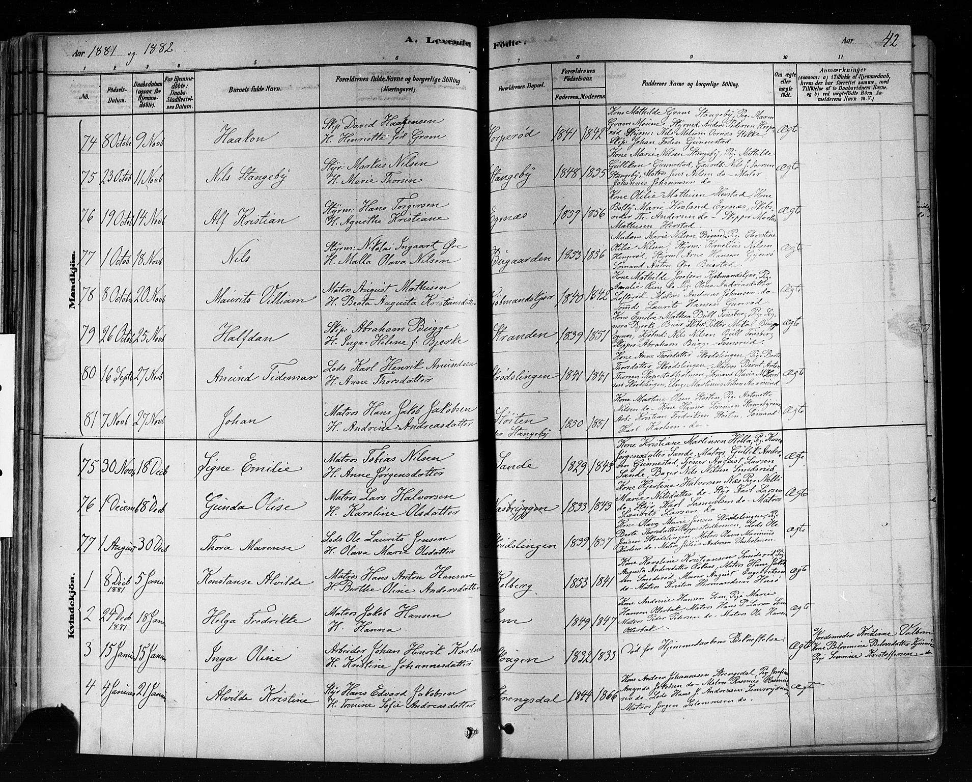 Nøtterøy kirkebøker, AV/SAKO-A-354/F/Fa/L0008: Parish register (official) no. I 8, 1878-1893, p. 42