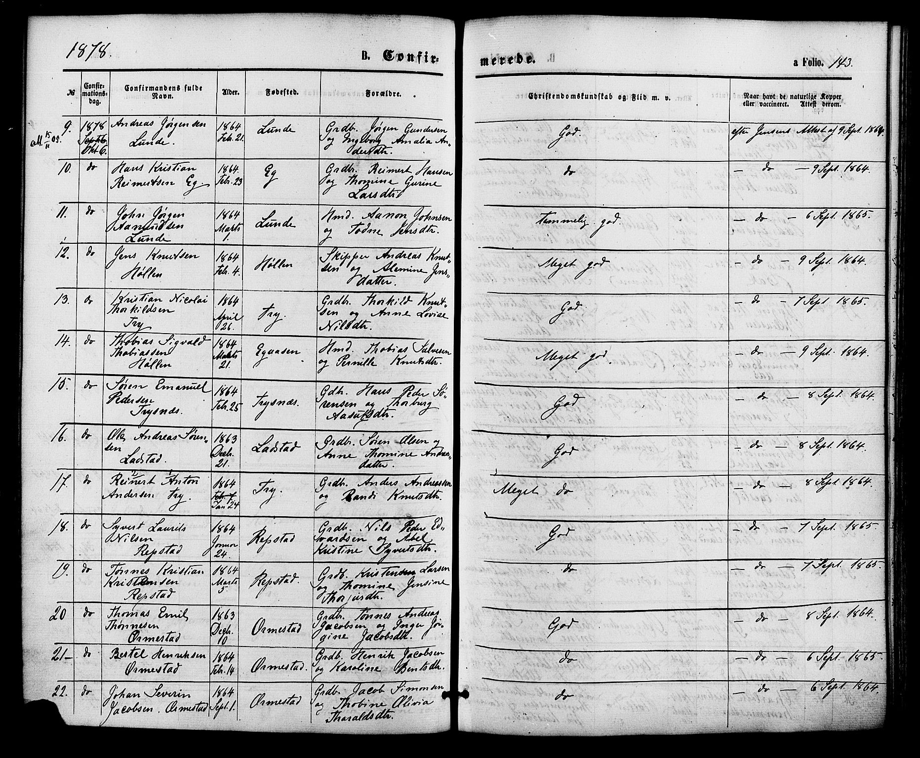 Søgne sokneprestkontor, AV/SAK-1111-0037/F/Fa/Fab/L0011: Parish register (official) no. A 11, 1869-1879, p. 143