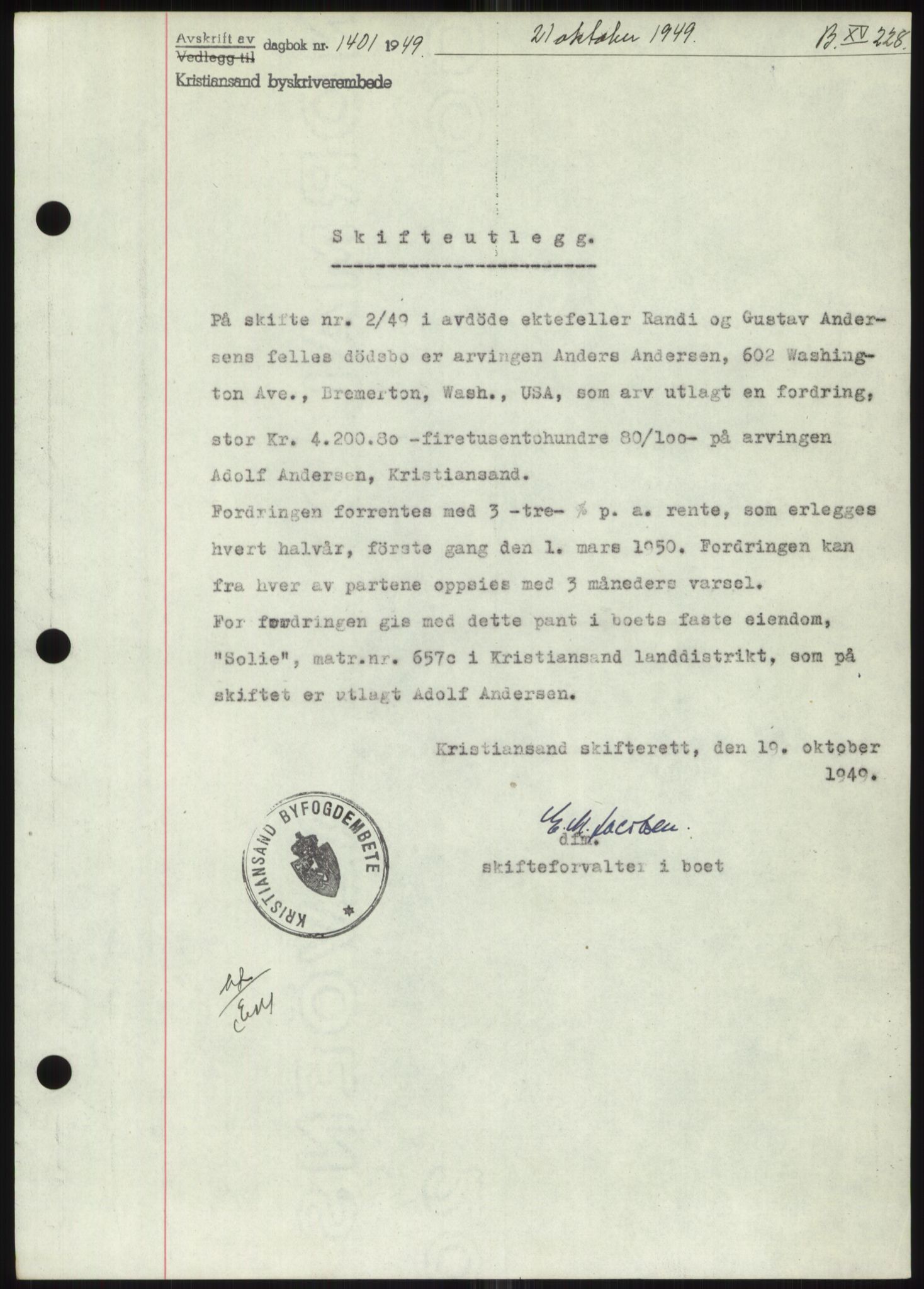 Kristiansand byrett, AV/SAK-1223-0001/G/Gb/Gbb/L0012: Mortgage book no. B 15, 1949-1950, Diary no: : 1401/1949