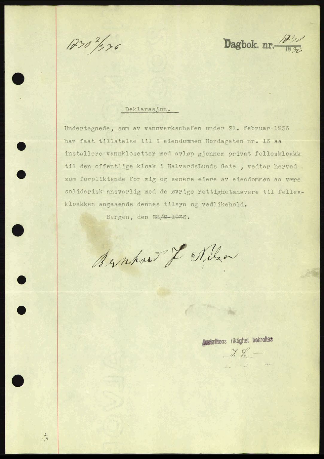 Byfogd og Byskriver i Bergen, AV/SAB-A-3401/03/03Bc/L0001: Mortgage book no. A1, 1936-1936, Diary no: : 1731/1936