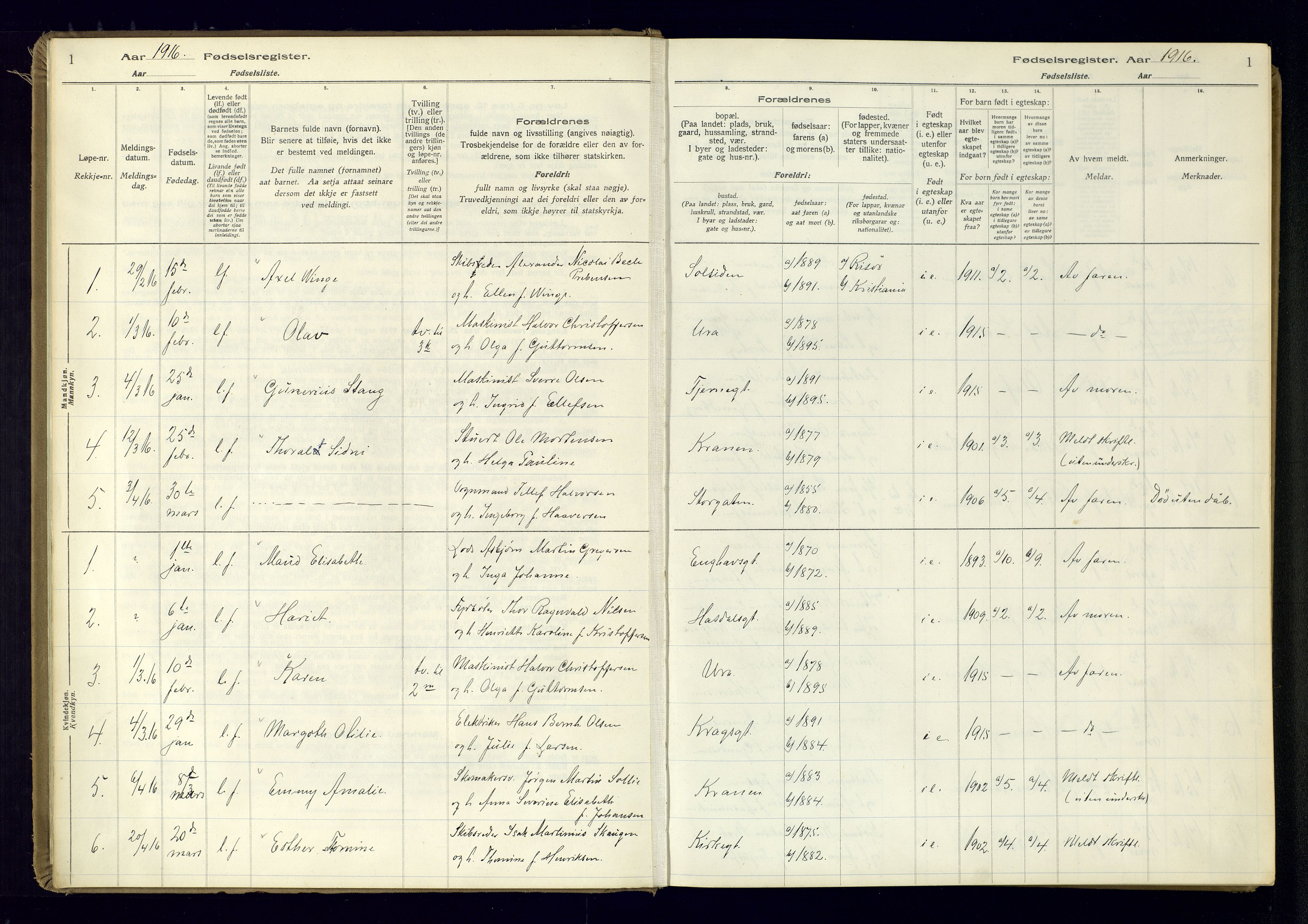 Risør sokneprestkontor, SAK/1111-0035/J/Ja/L0001: Birth register no. A-VI-13, 1916-1947, p. 1
