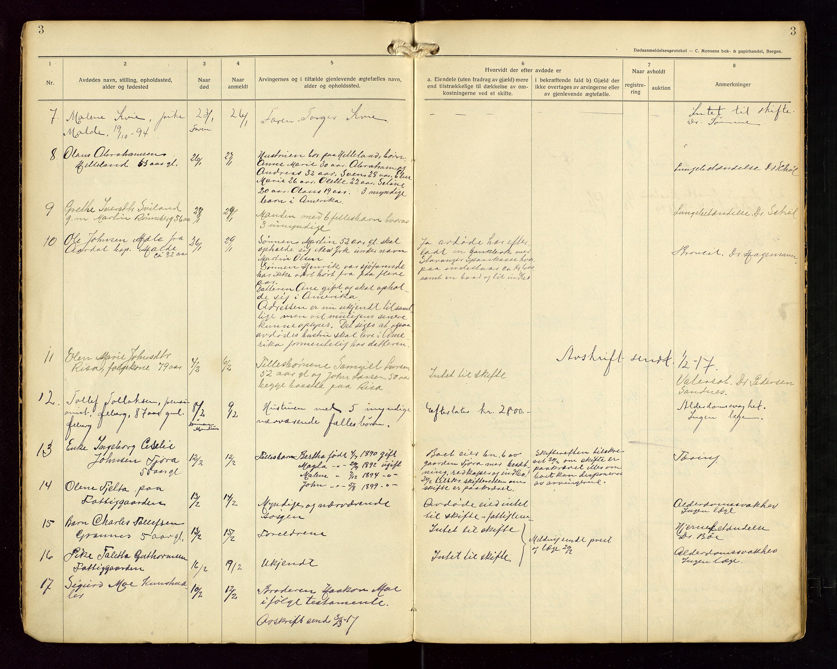 Håland lensmannskontor, AV/SAST-A-100100/Gga/L0002: "Dødsanmeldelser fra 6/9 1916 til 1926 i Haaland", 1916-1926, p. 3