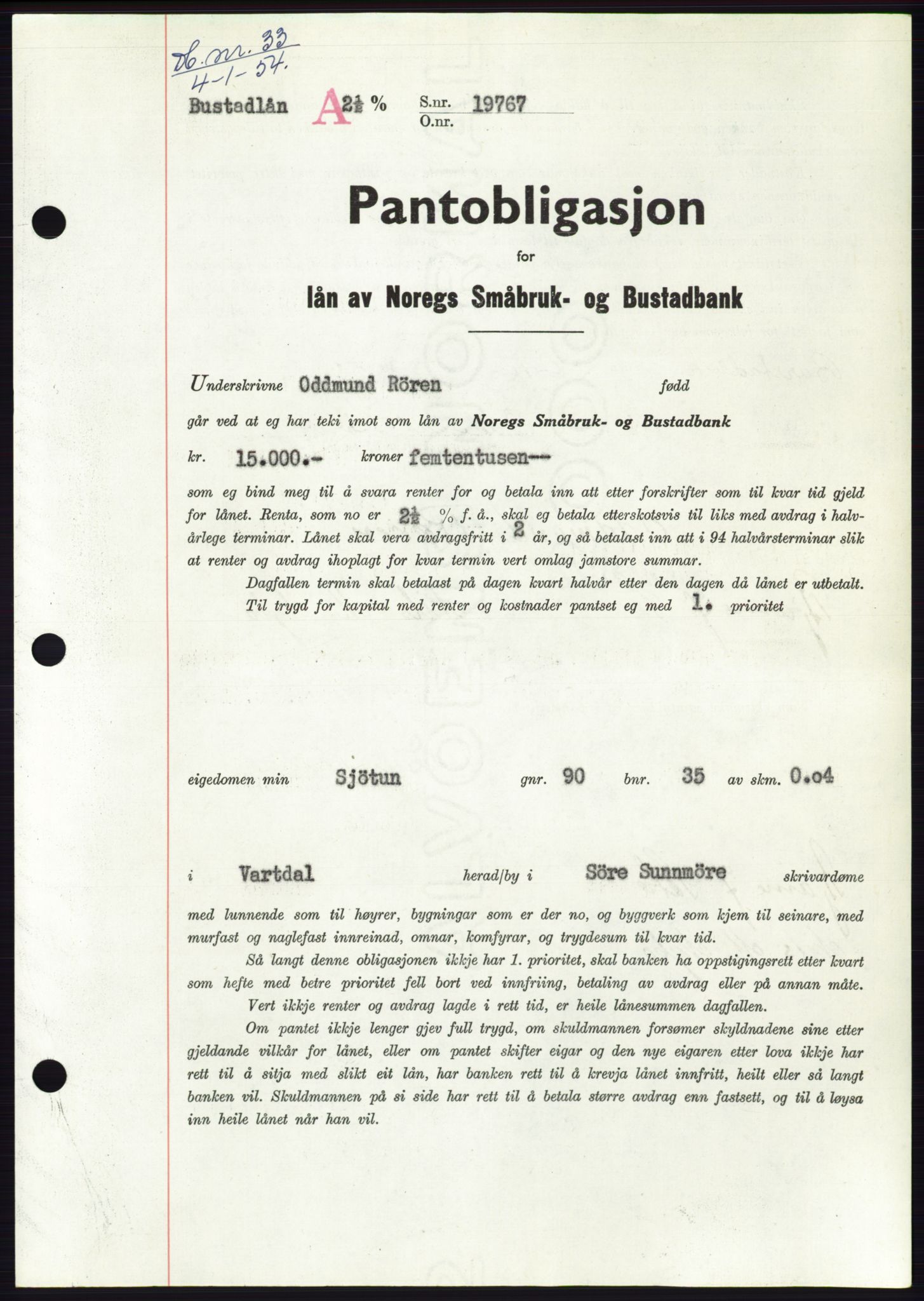 Søre Sunnmøre sorenskriveri, AV/SAT-A-4122/1/2/2C/L0124: Mortgage book no. 12B, 1953-1954, Diary no: : 33/1954