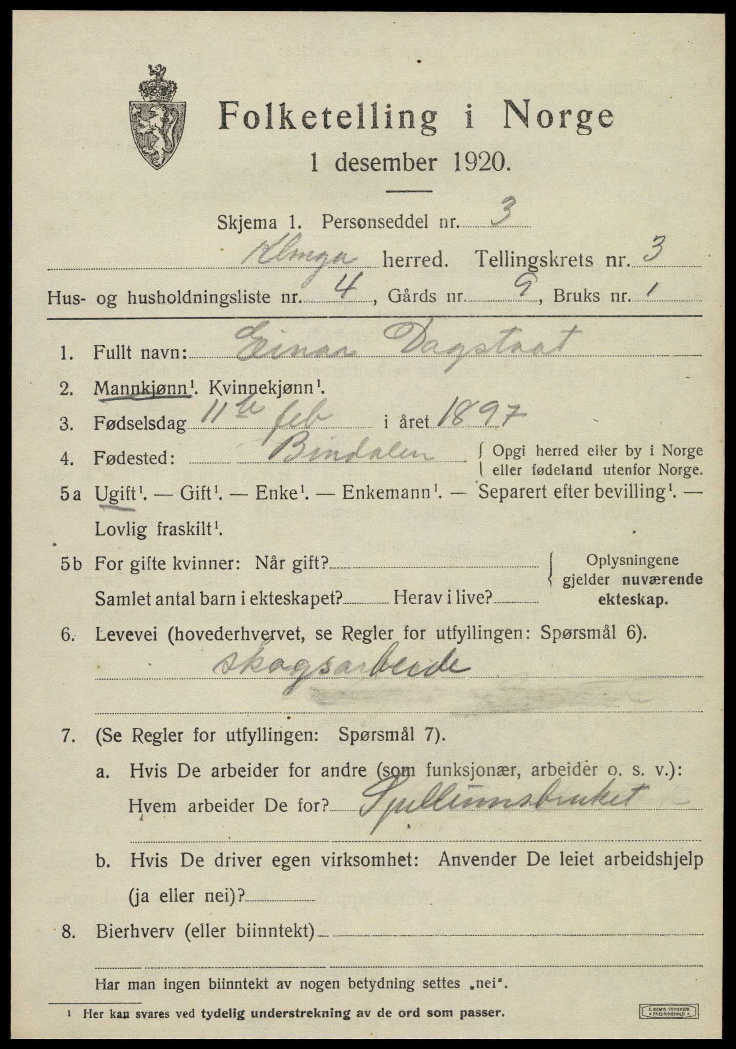 SAT, 1920 census for Klinga, 1920, p. 2113