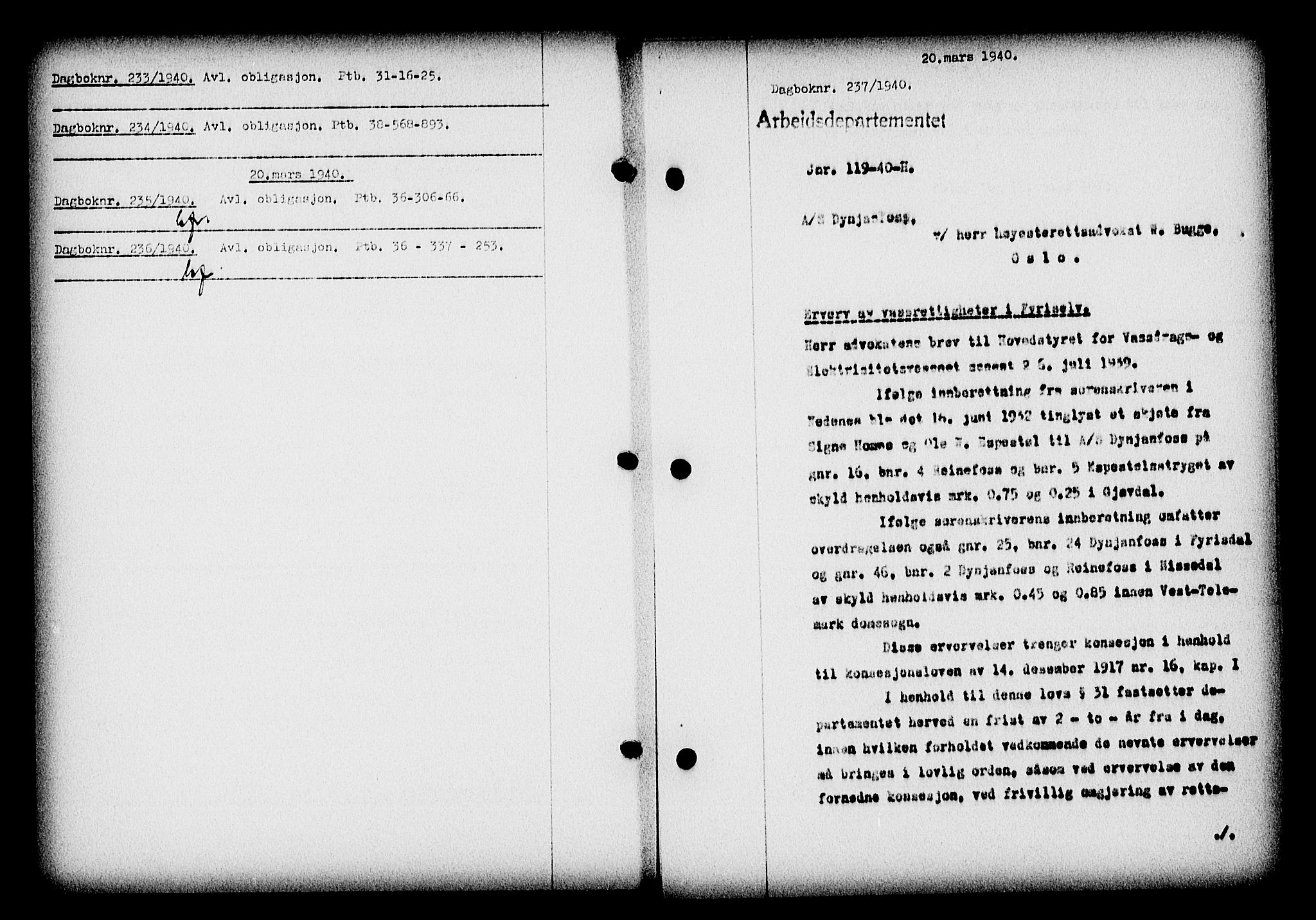 Nedenes sorenskriveri, SAK/1221-0006/G/Gb/Gba/L0047: Mortgage book no. A-I, 1939-1940, Diary no: : 237/1940