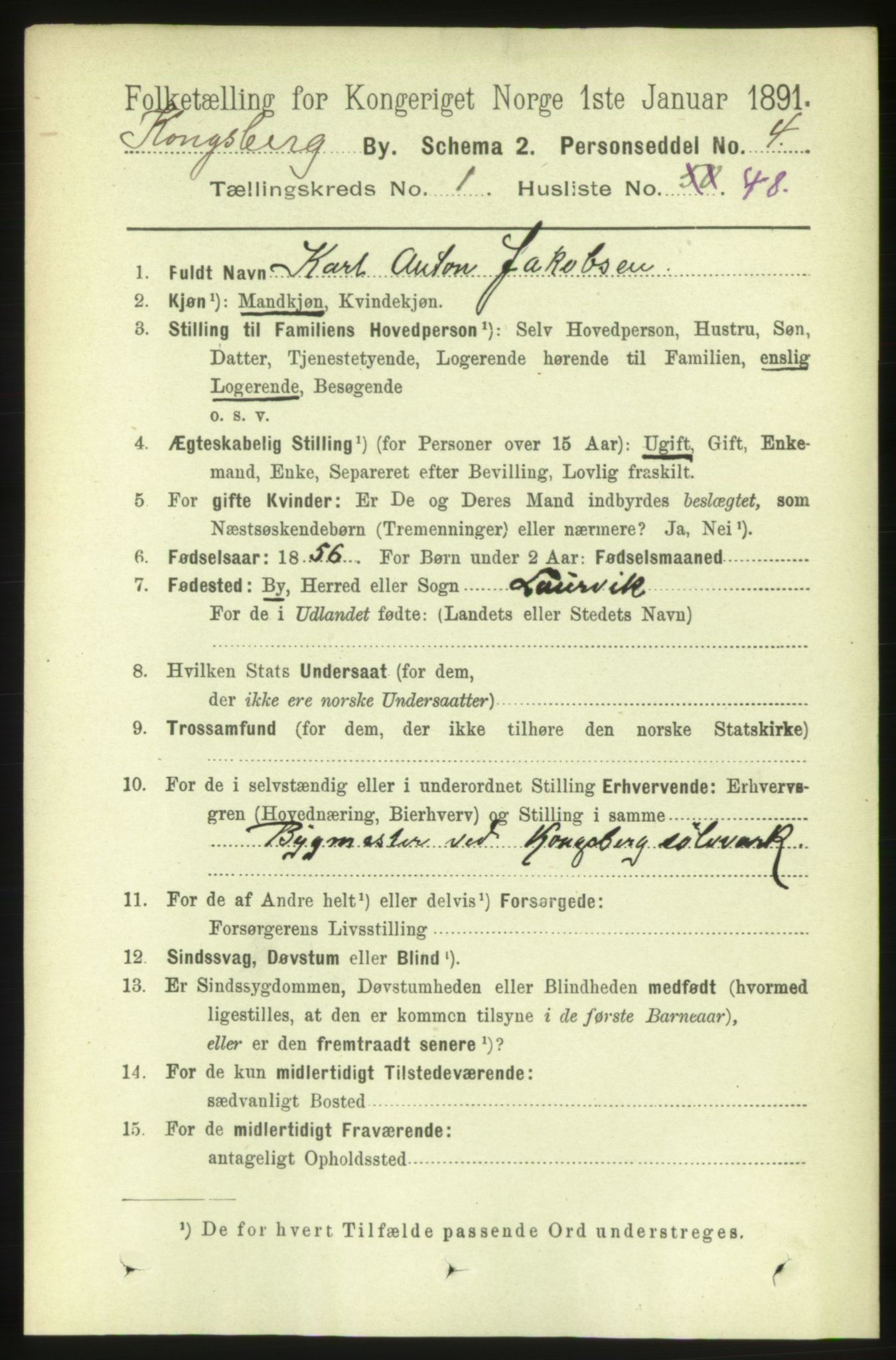 RA, 1891 census for 0604 Kongsberg, 1891, p. 1943