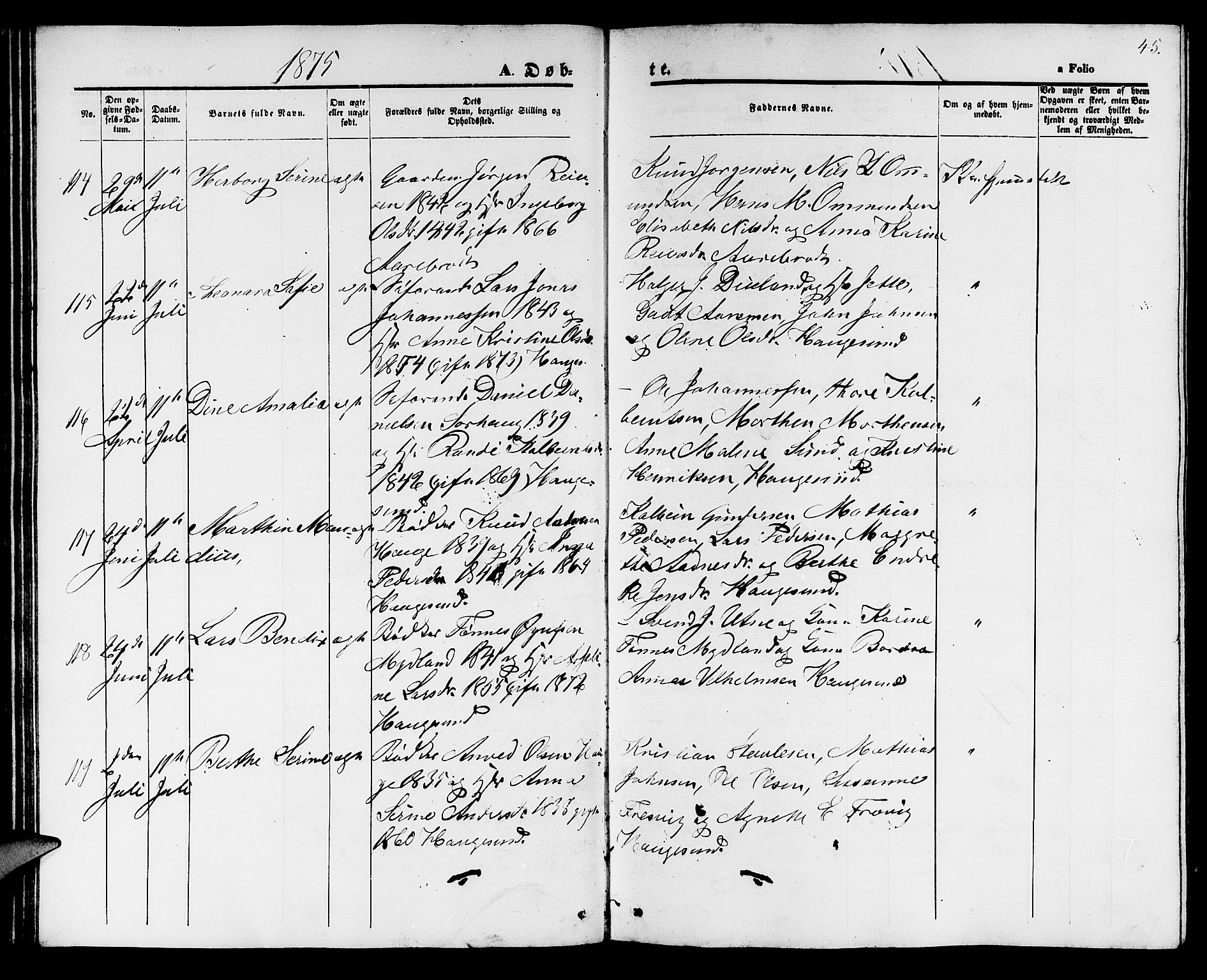 Haugesund sokneprestkontor, SAST/A -101863/H/Ha/Hab/L0001: Parish register (copy) no. B 1, 1873-1881, p. 45
