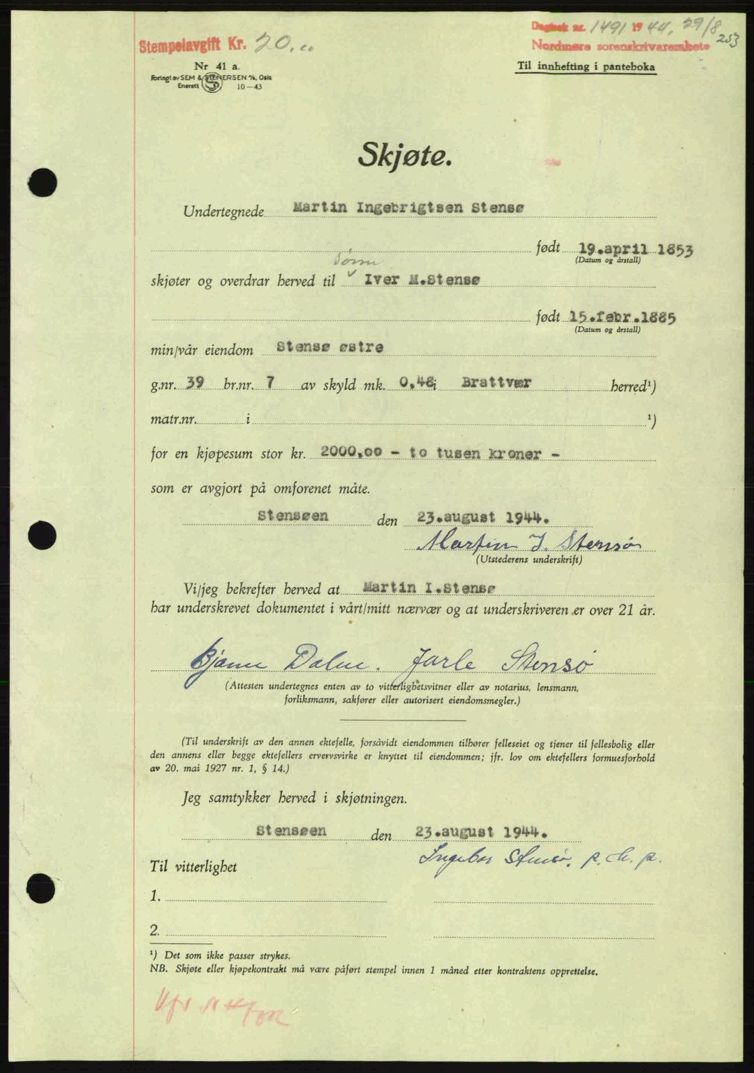 Nordmøre sorenskriveri, AV/SAT-A-4132/1/2/2Ca: Mortgage book no. A98, 1944-1944, Diary no: : 1491/1944