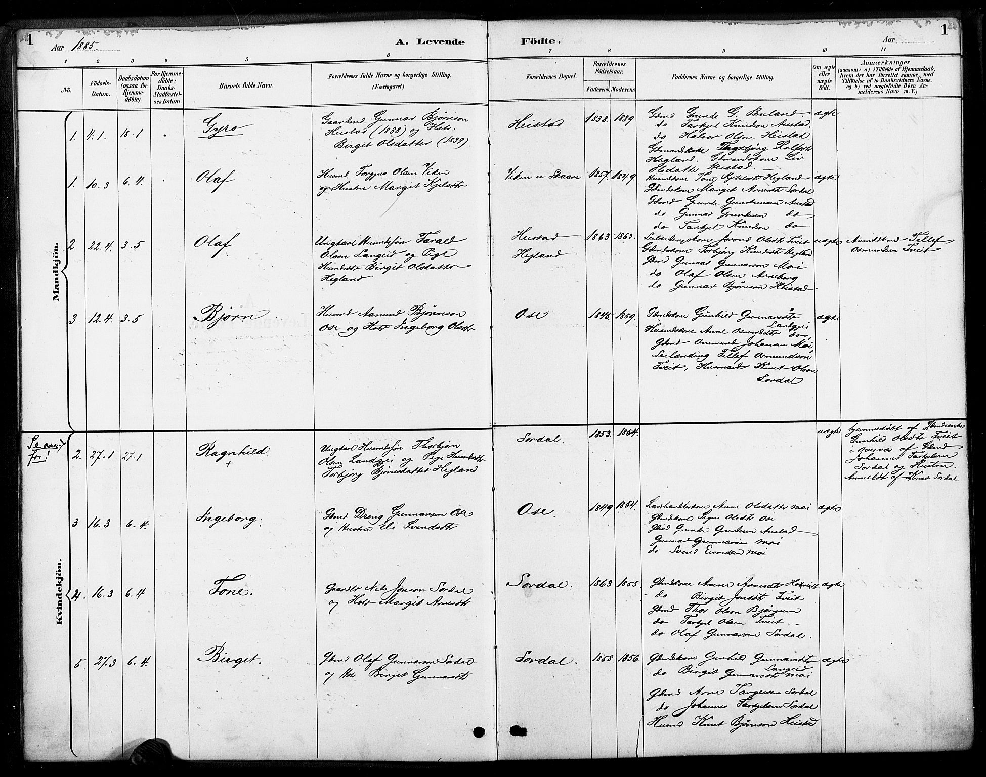 Bygland sokneprestkontor, SAK/1111-0006/F/Fa/Faa/L0001: Parish register (official) no. A 1, 1885-1908, p. 1