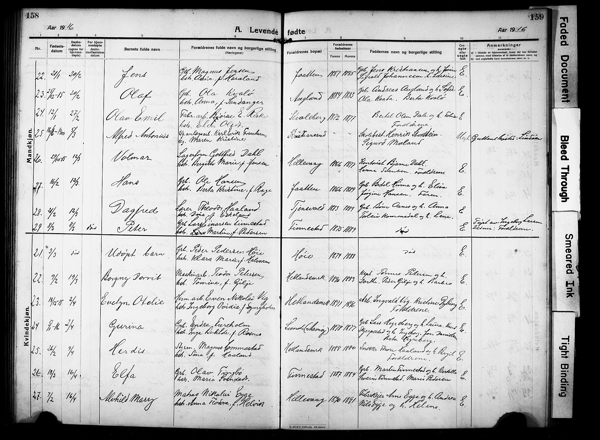 Hetland sokneprestkontor, AV/SAST-A-101826/30/30BB/L0008: Parish register (copy) no. B 8, 1910-1921, p. 158-159