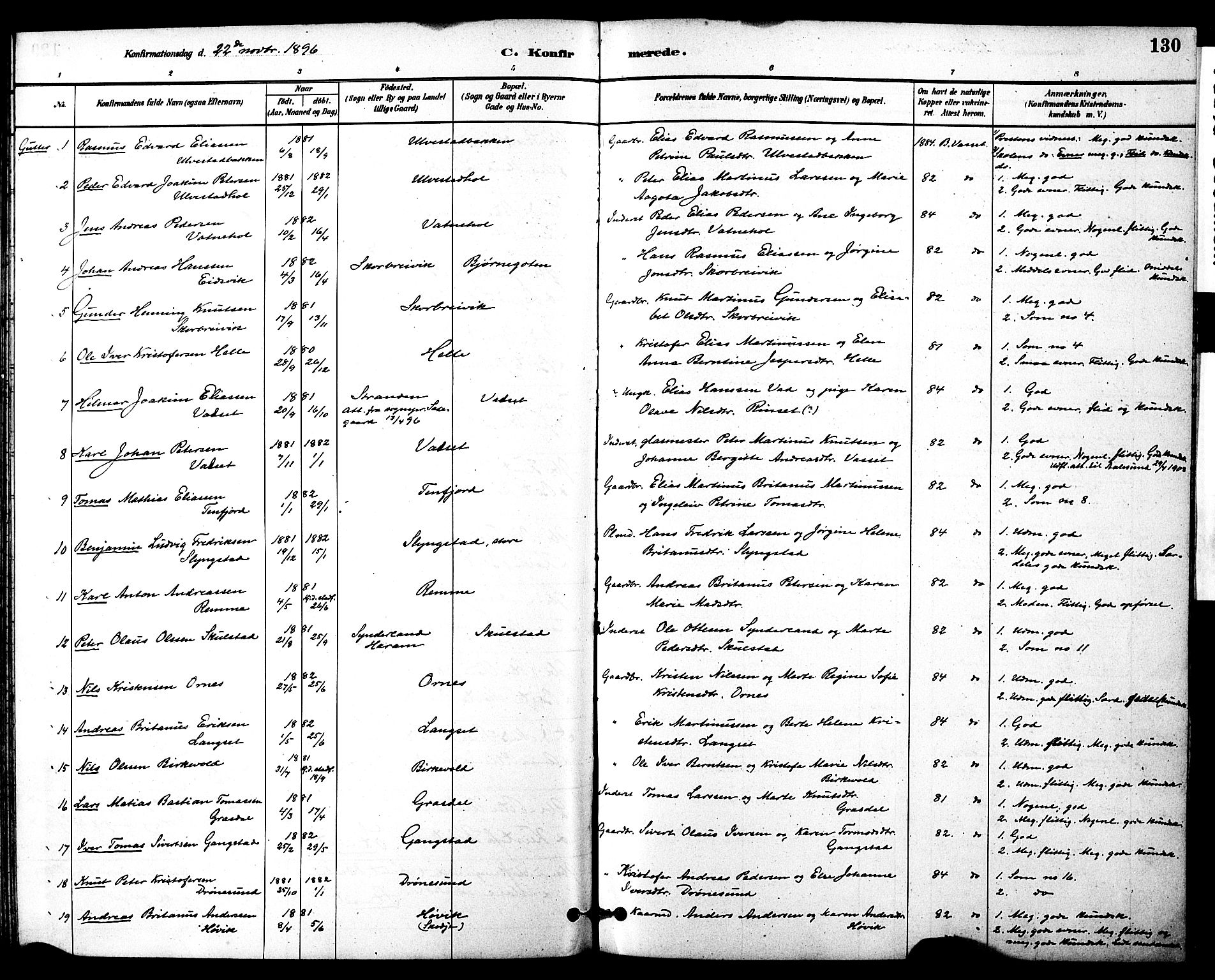 Ministerialprotokoller, klokkerbøker og fødselsregistre - Møre og Romsdal, SAT/A-1454/525/L0374: Parish register (official) no. 525A04, 1880-1899, p. 130