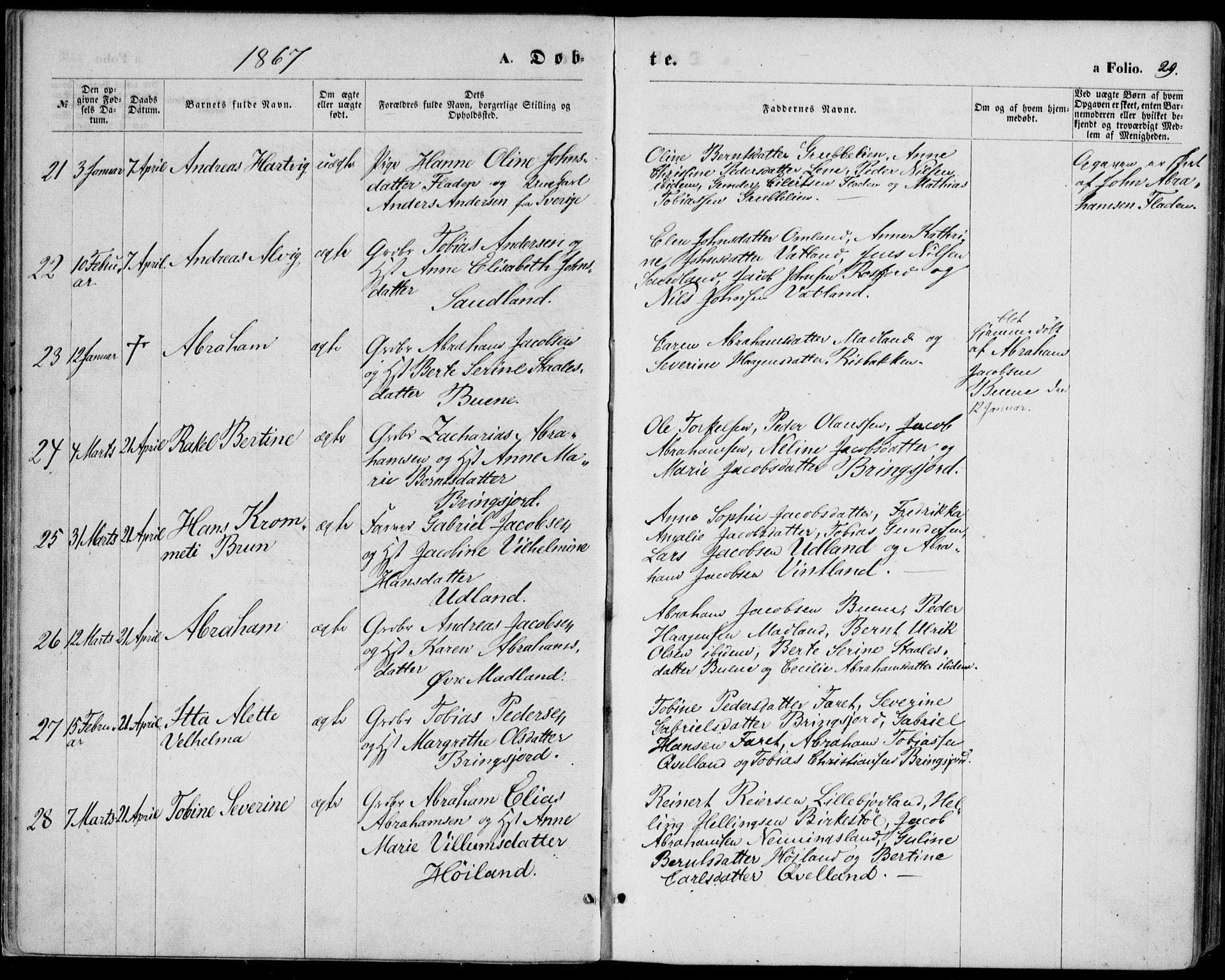 Lyngdal sokneprestkontor, AV/SAK-1111-0029/F/Fa/Fac/L0010: Parish register (official) no. A 10, 1865-1878, p. 29