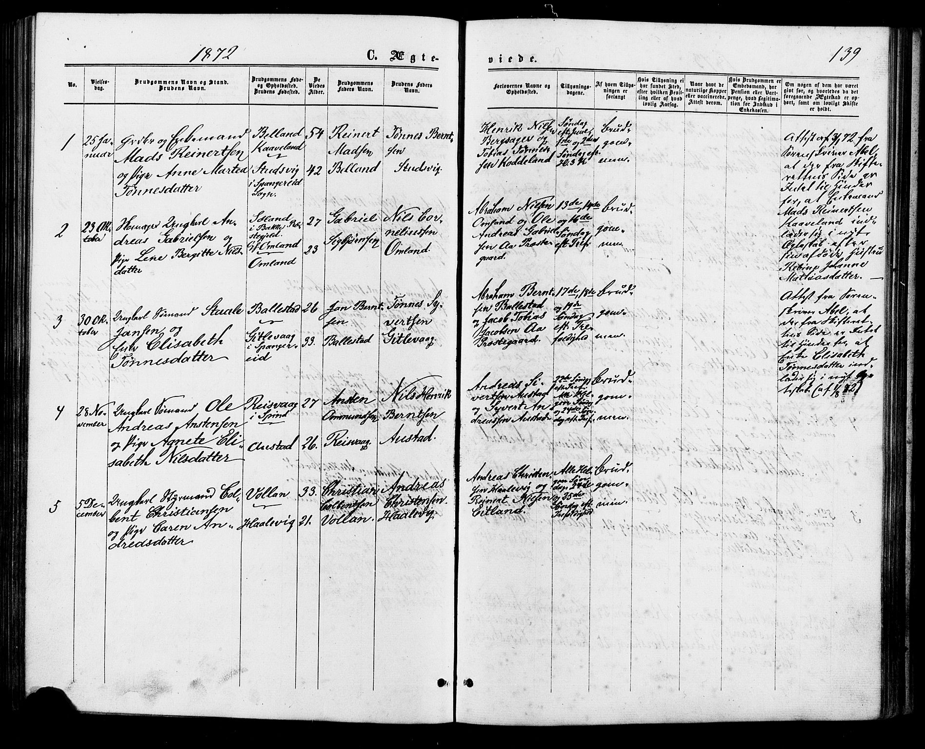 Lyngdal sokneprestkontor, AV/SAK-1111-0029/F/Fa/Faa/L0003: Parish register (official) no. A 3, 1871-1882, p. 139