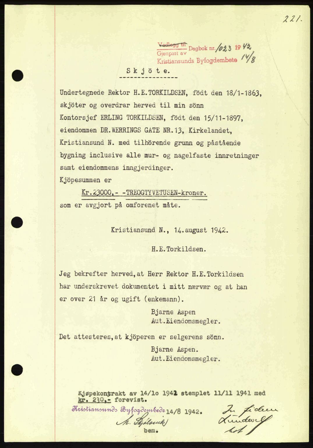 Kristiansund byfogd, AV/SAT-A-4587/A/27: Mortgage book no. 34, 1941-1945, Diary no: : 1023/1942