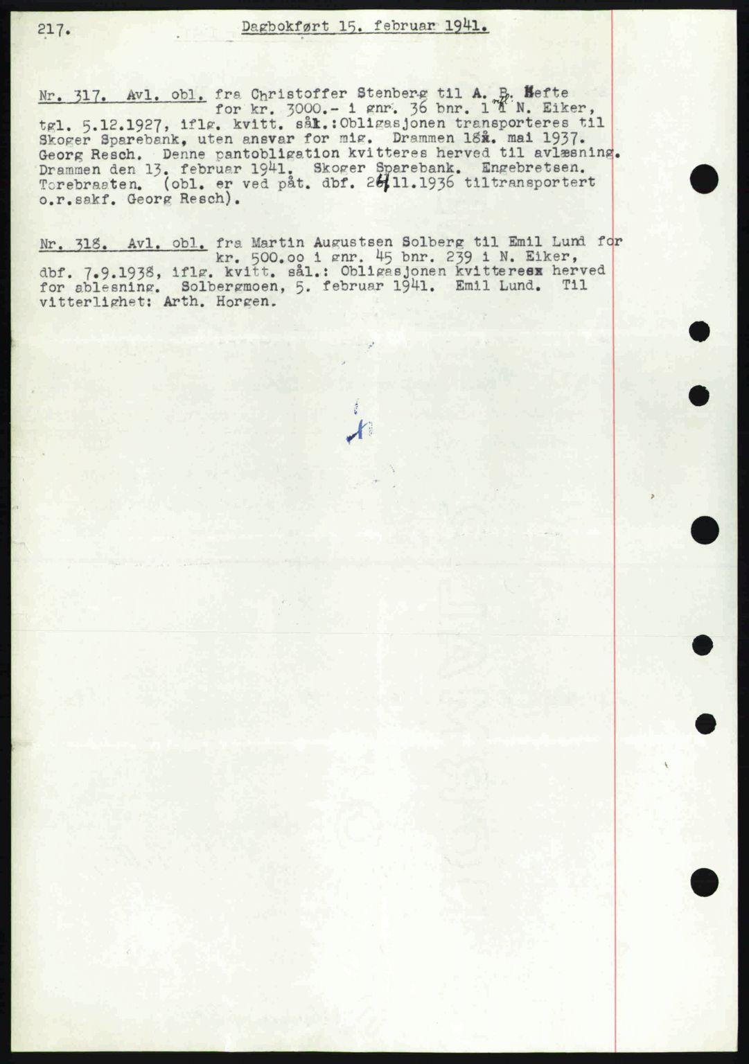 Eiker, Modum og Sigdal sorenskriveri, SAKO/A-123/G/Ga/Gab/L0043: Mortgage book no. A13, 1940-1941, Diary no: : 317/1941