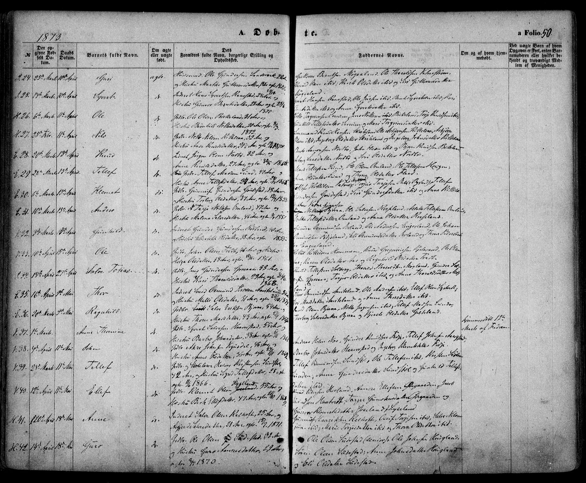 Evje sokneprestkontor, AV/SAK-1111-0008/F/Fa/Faa/L0006: Parish register (official) no. A 6, 1866-1884, p. 50
