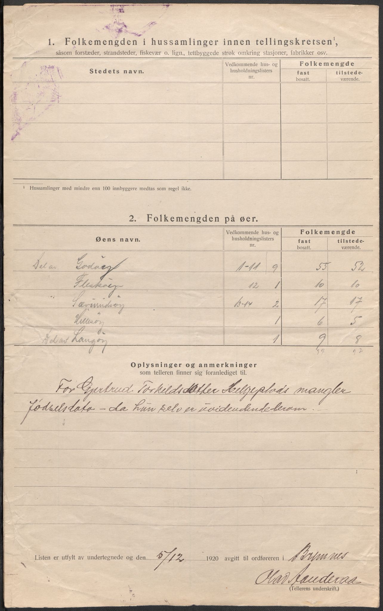 SAB, 1920 census for Bremnes, 1920, p. 7