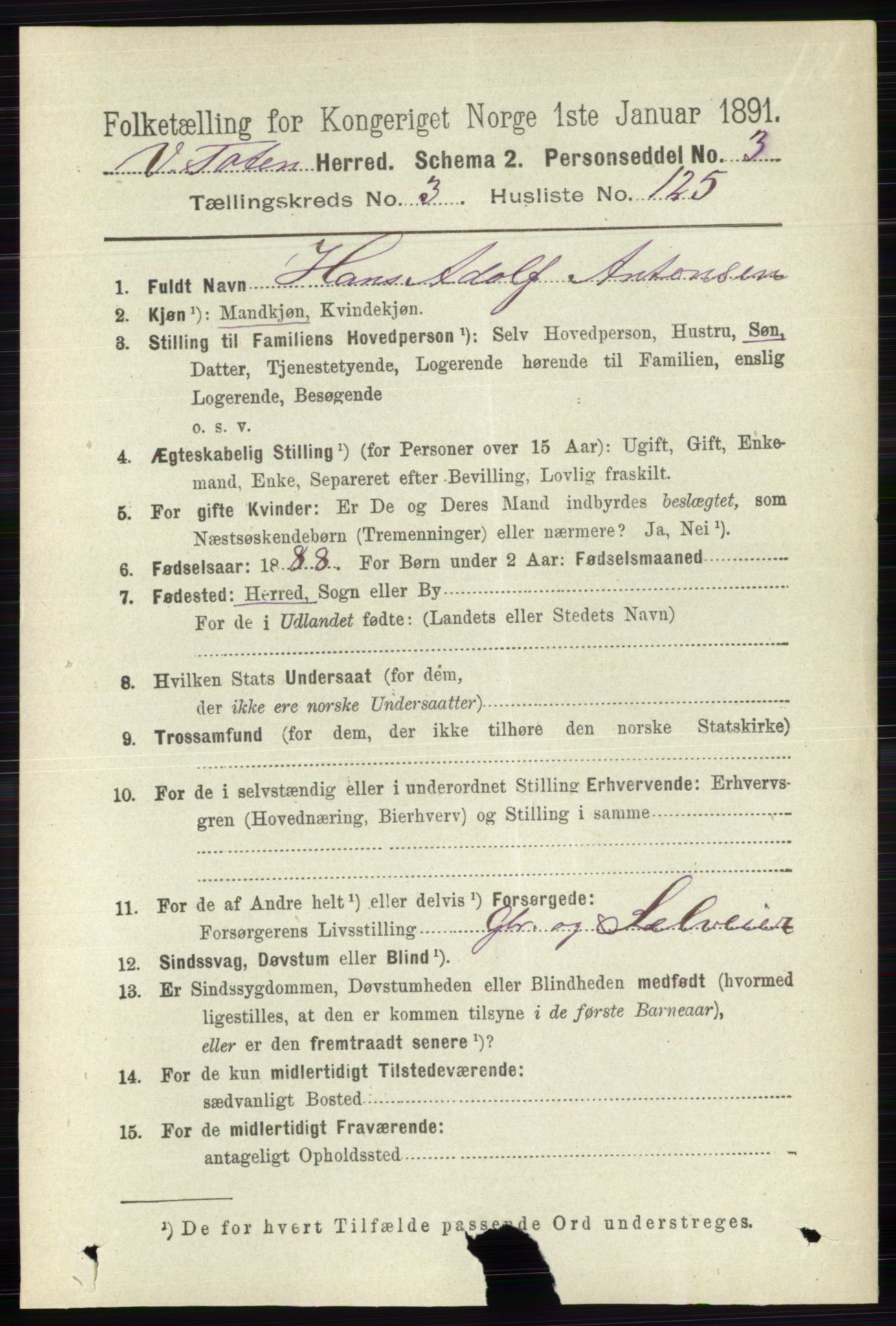 RA, 1891 census for 0529 Vestre Toten, 1891, p. 2631