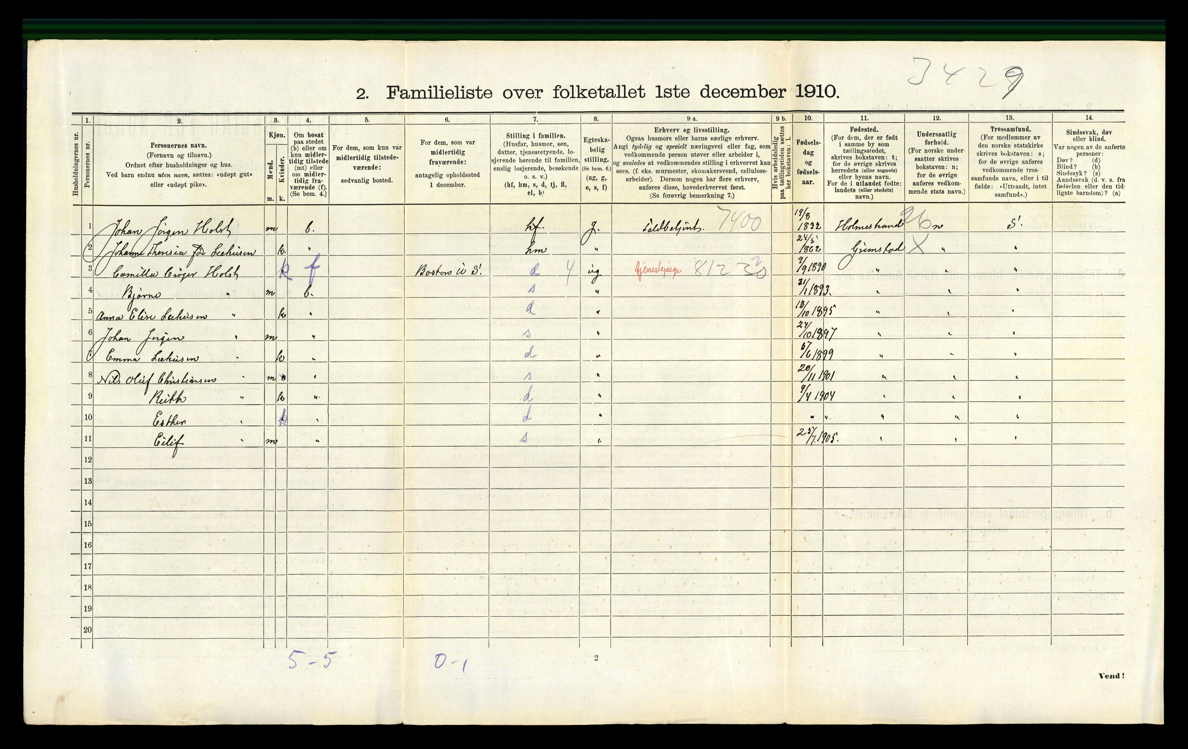 RA, 1910 census for Grimstad, 1910, p. 1353