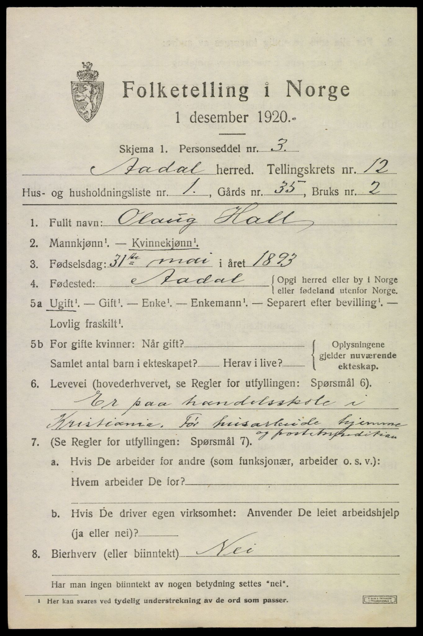 SAKO, 1920 census for Ådal, 1920, p. 6836