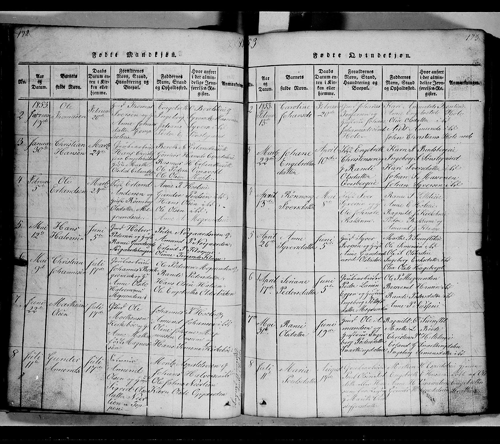 Gausdal prestekontor, SAH/PREST-090/H/Ha/Hab/L0002: Parish register (copy) no. 2, 1818-1874, p. 172-173