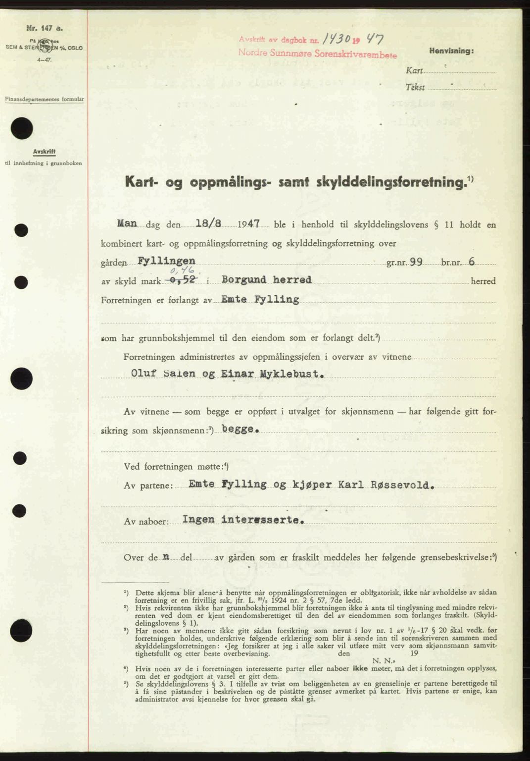 Nordre Sunnmøre sorenskriveri, AV/SAT-A-0006/1/2/2C/2Ca: Mortgage book no. A25, 1947-1947, Diary no: : 1430/1947