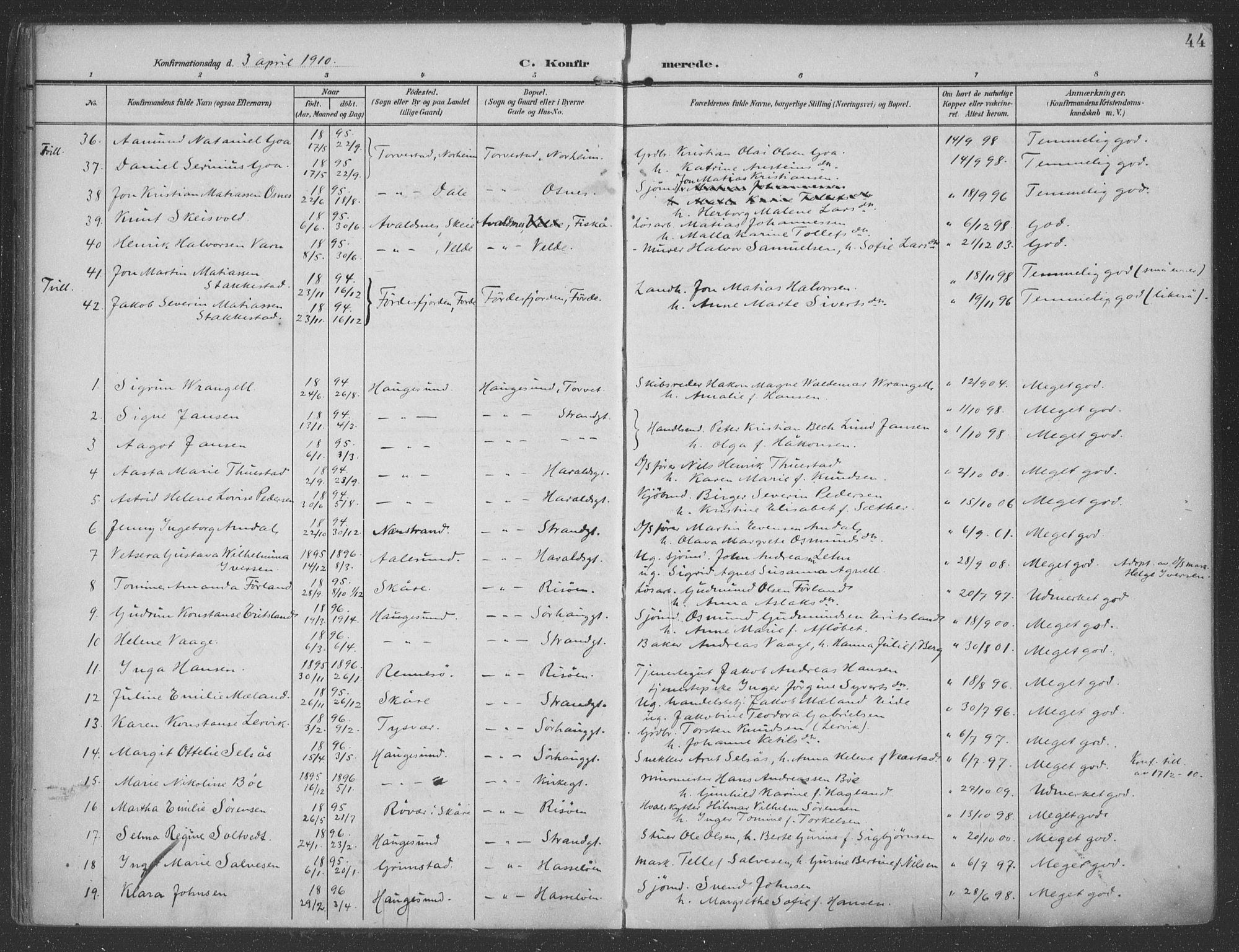 Haugesund sokneprestkontor, AV/SAST-A -101863/H/Ha/Haa/L0007: Parish register (official) no. A 7, 1904-1916, p. 44