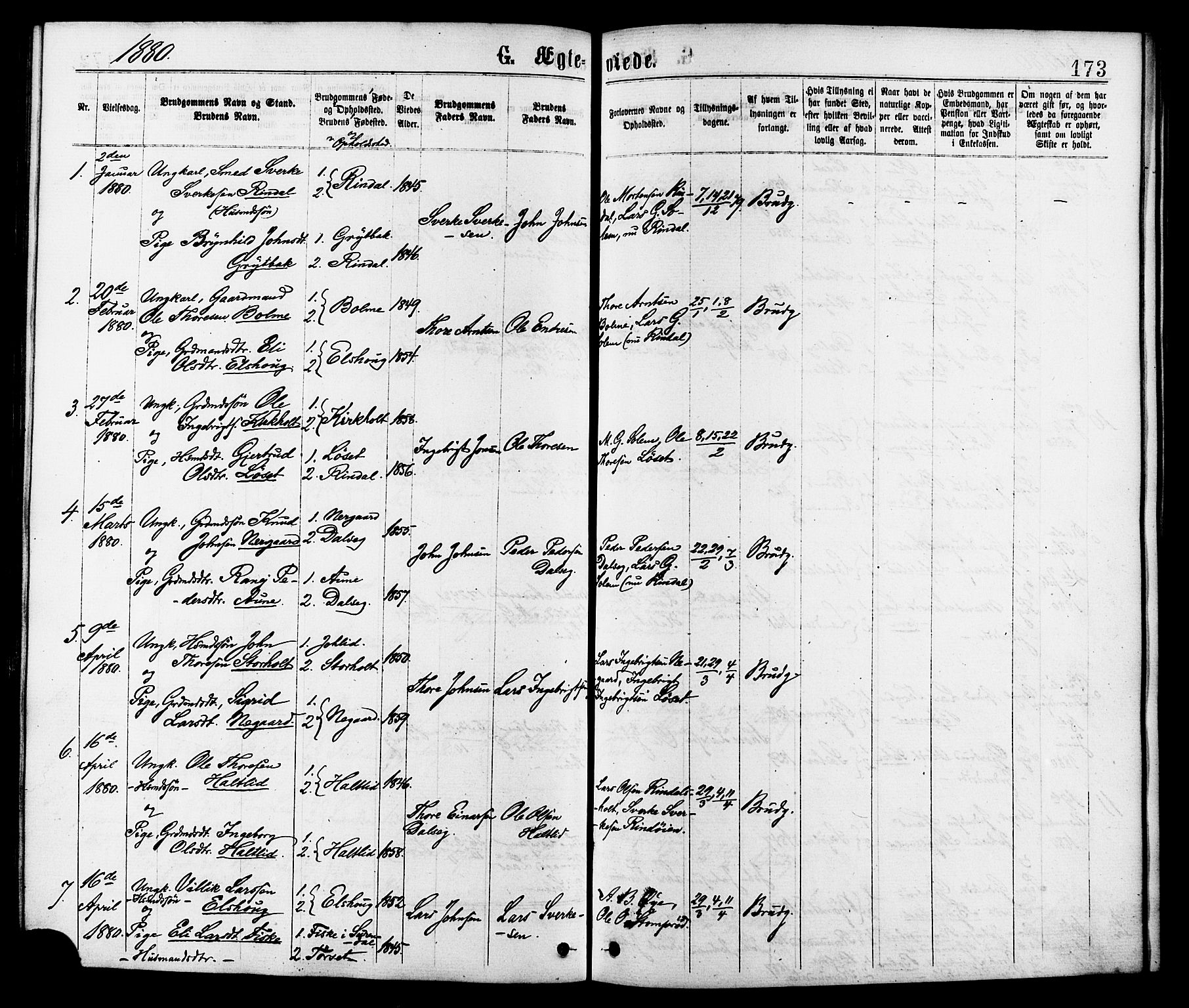 Ministerialprotokoller, klokkerbøker og fødselsregistre - Møre og Romsdal, SAT/A-1454/598/L1068: Parish register (official) no. 598A02, 1872-1881, p. 173