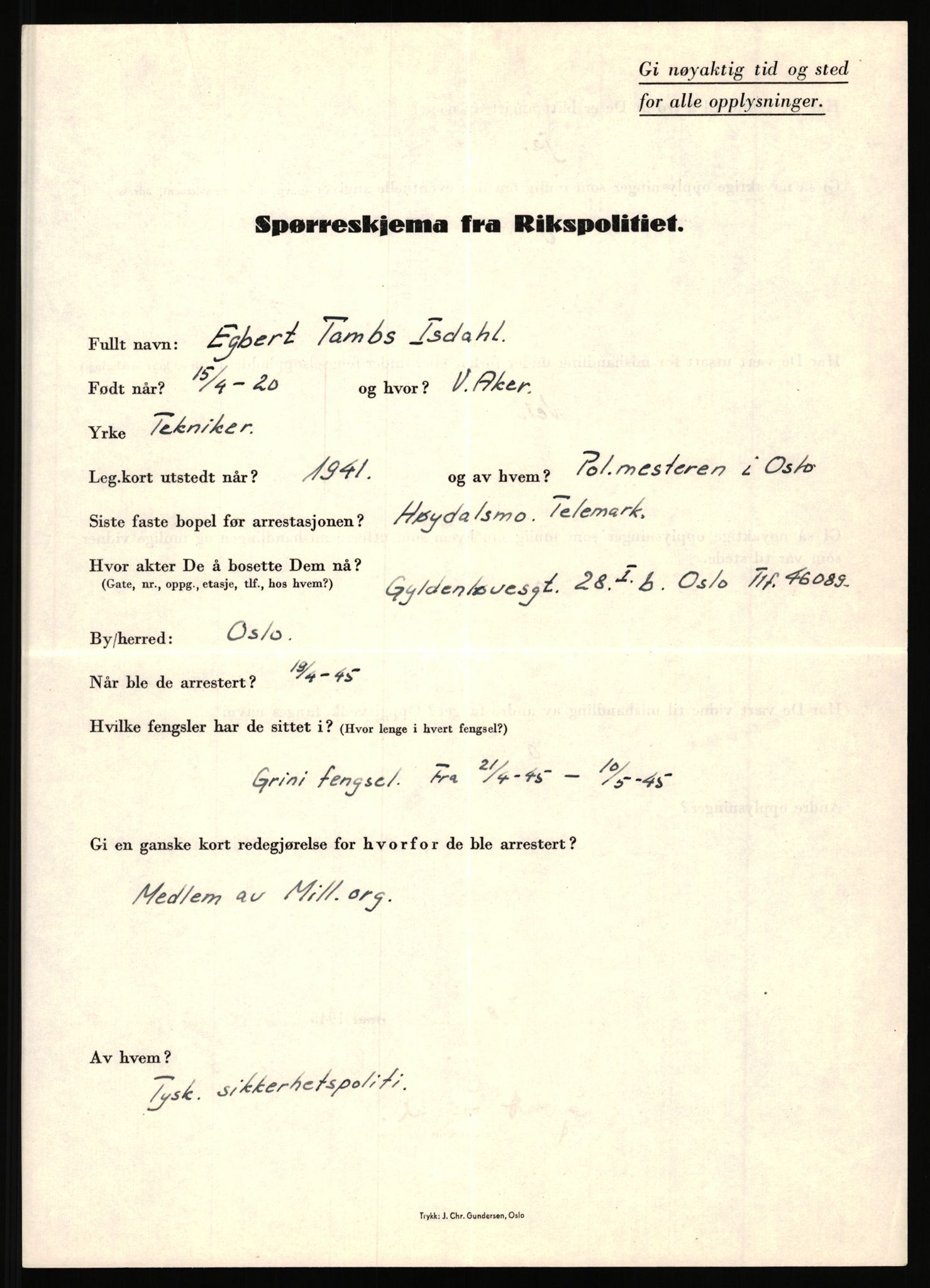 Rikspolitisjefen, AV/RA-S-1560/L/L0007: Heen, Erik C. - Iversen, Trygve, 1940-1945, p. 1213