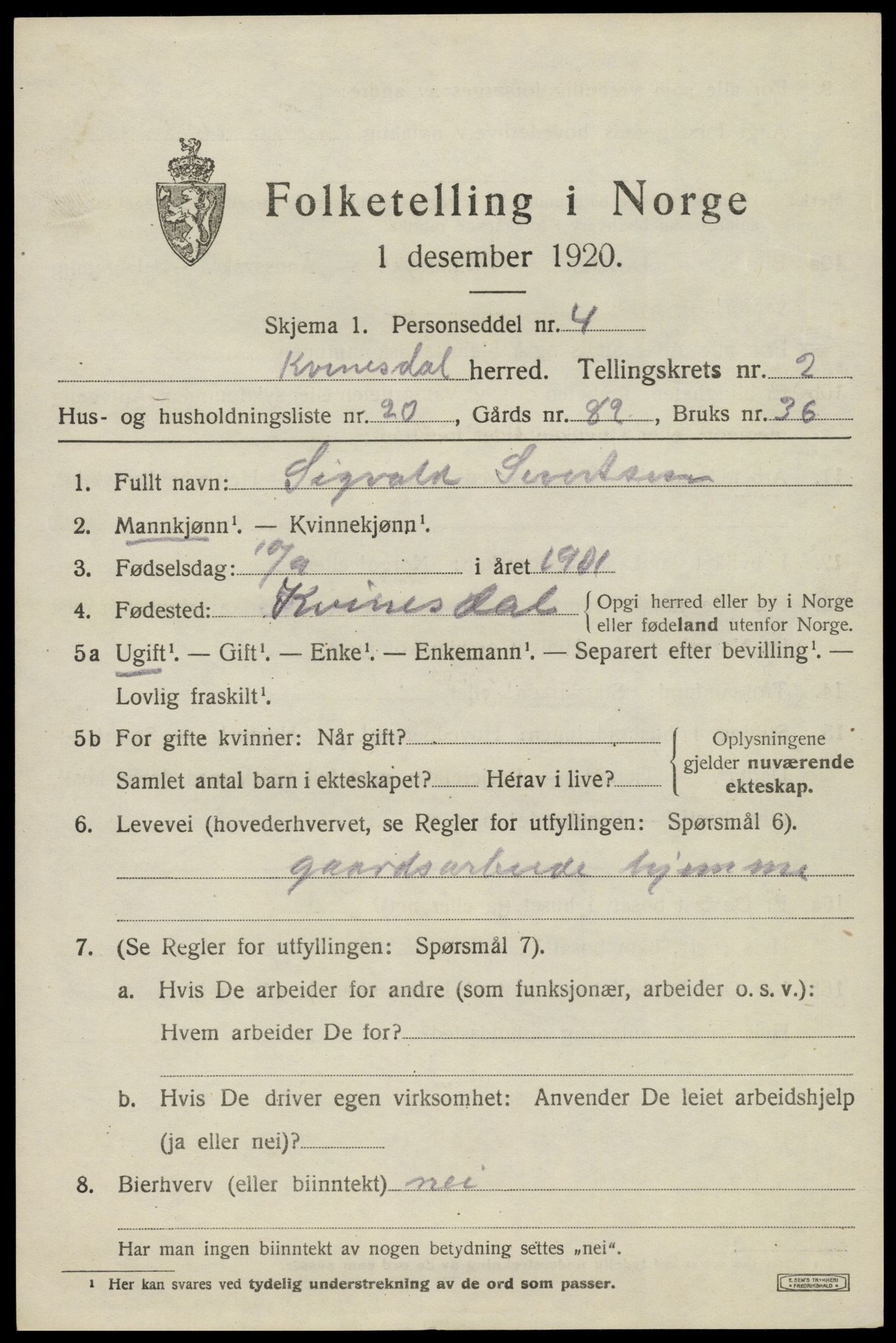 SAK, 1920 census for Kvinesdal, 1920, p. 2097
