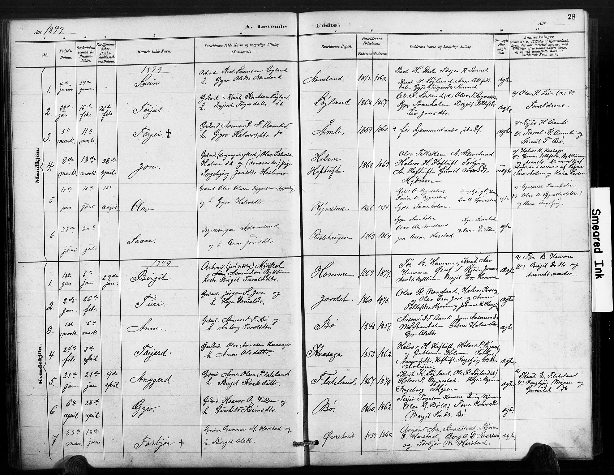Valle sokneprestkontor, SAK/1111-0044/F/Fb/Fbc/L0004: Parish register (copy) no. B 4, 1890-1928, p. 28