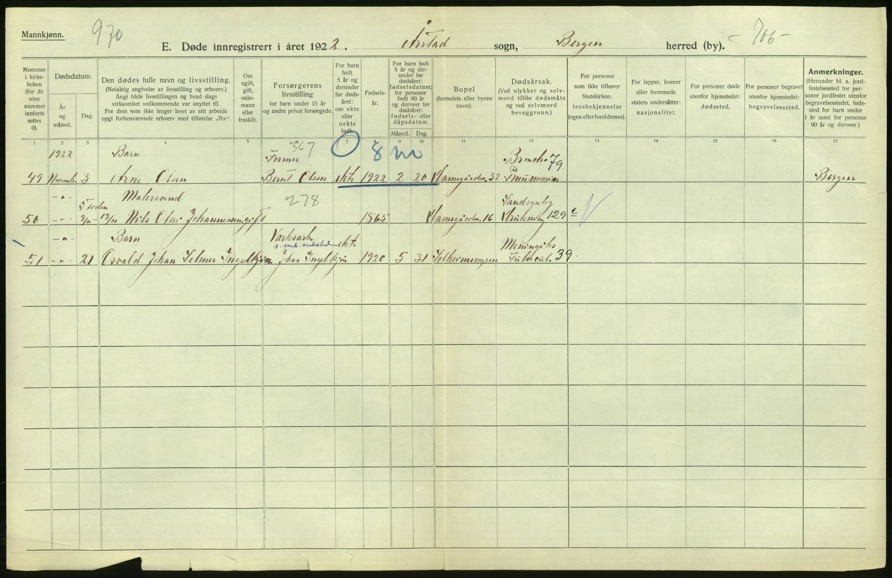 Statistisk sentralbyrå, Sosiodemografiske emner, Befolkning, AV/RA-S-2228/D/Df/Dfc/Dfcb/L0030: Bergen: Gifte, døde, dødfødte., 1922, p. 486